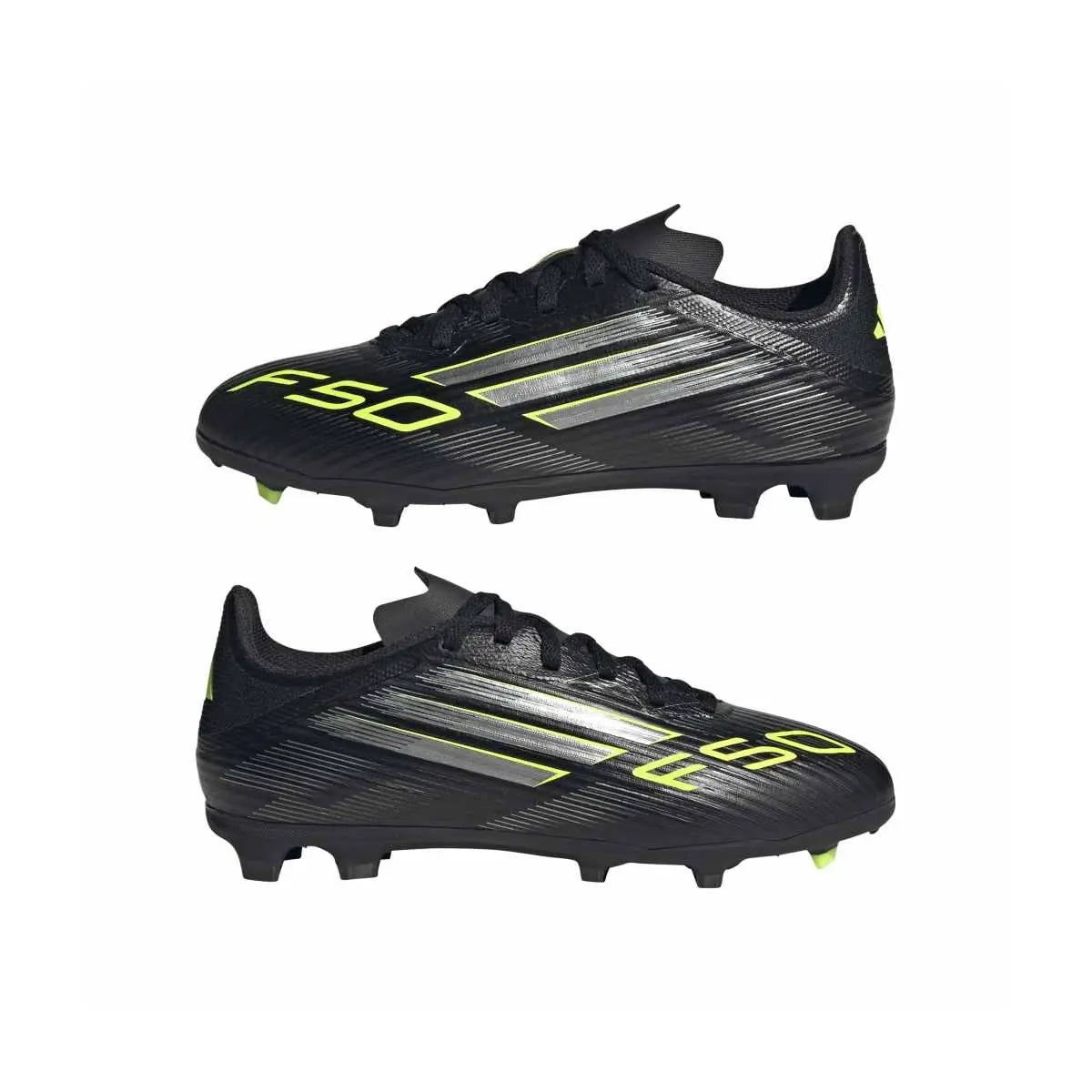 adidas Youth F50 League Firm Ground/Multi Ground Junior Soccer Cleats (Black/Iron Metallic/Lucid Lemon)