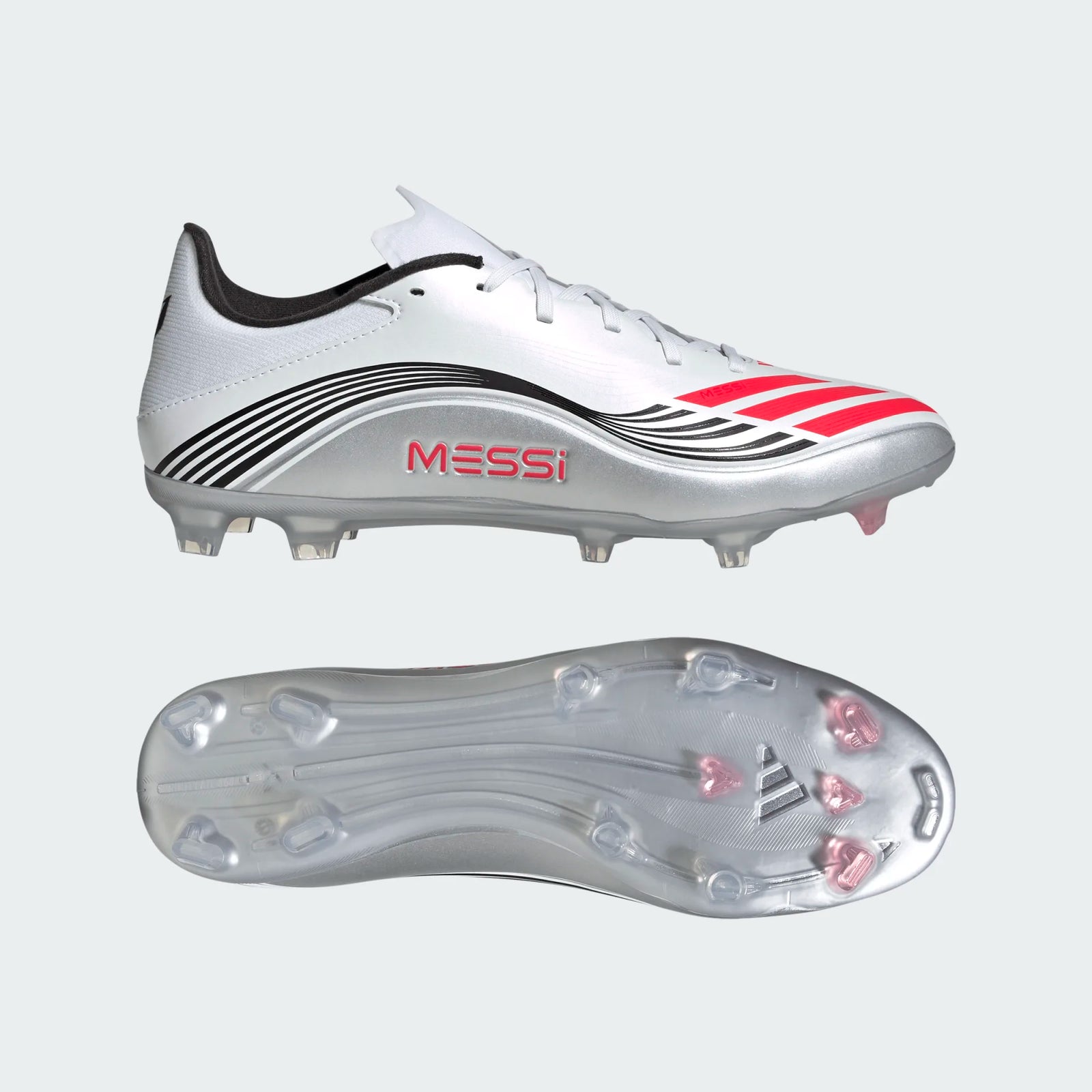 adidas F50 Messi League FG/MG Soccer Cleats (White/Lucid Red/Silver Metallic)