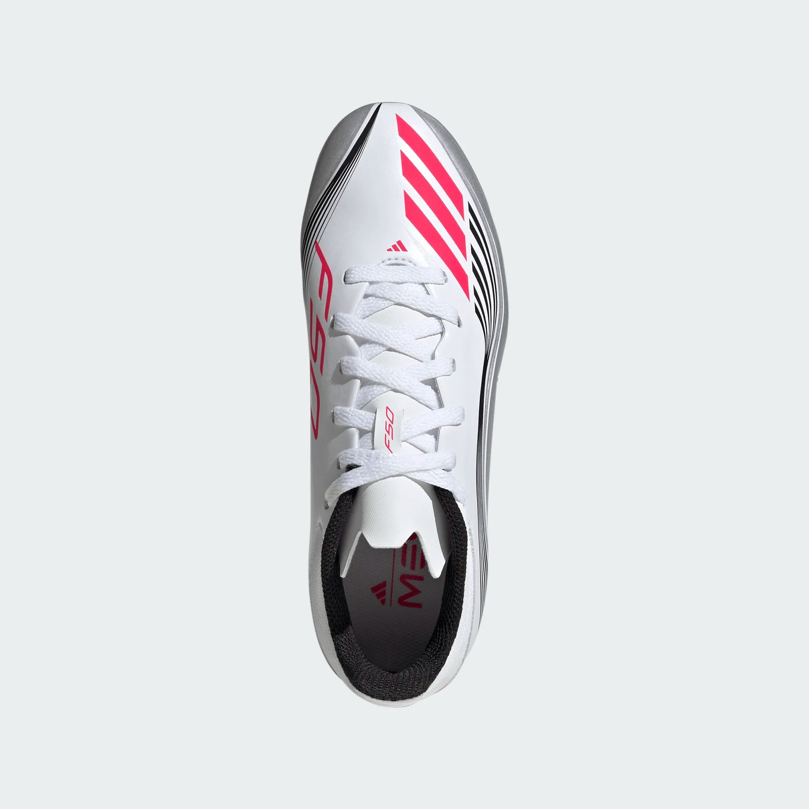 adidas Youth F50 Messi League FG/MG Junior Soccer Cleats (White/Lucid Red/Silver Metallic)