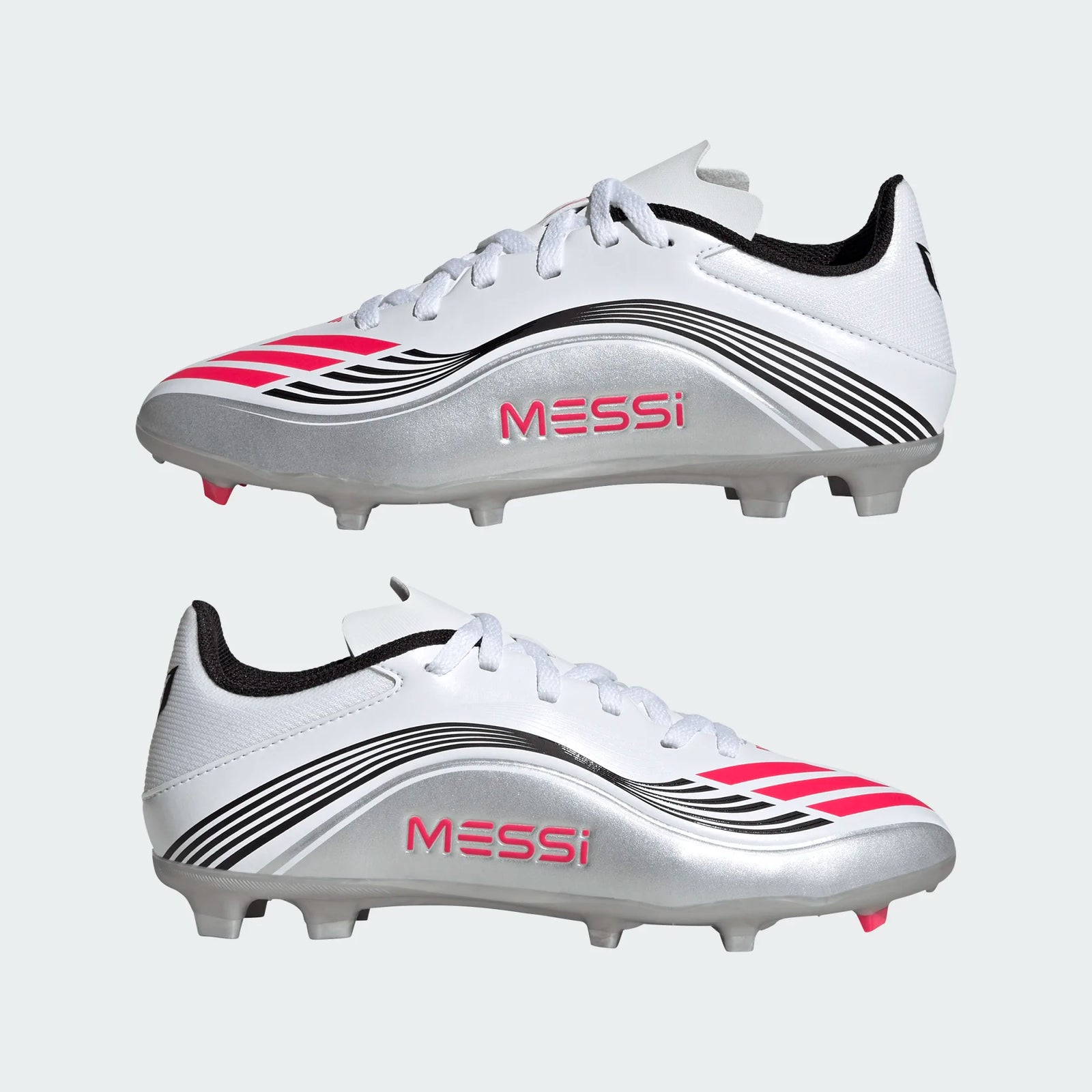 adidas Youth F50 Messi League FG/MG Junior Soccer Cleats (White/Lucid Red/Silver Metallic)