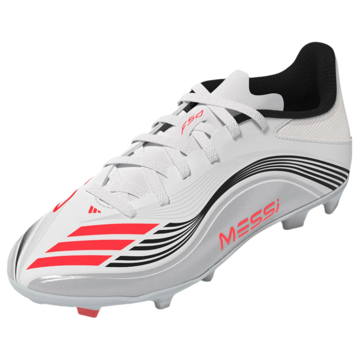 adidas Youth F50 Messi League FG/MG Junior Soccer Cleats (White/Lucid Red/Silver Metallic)