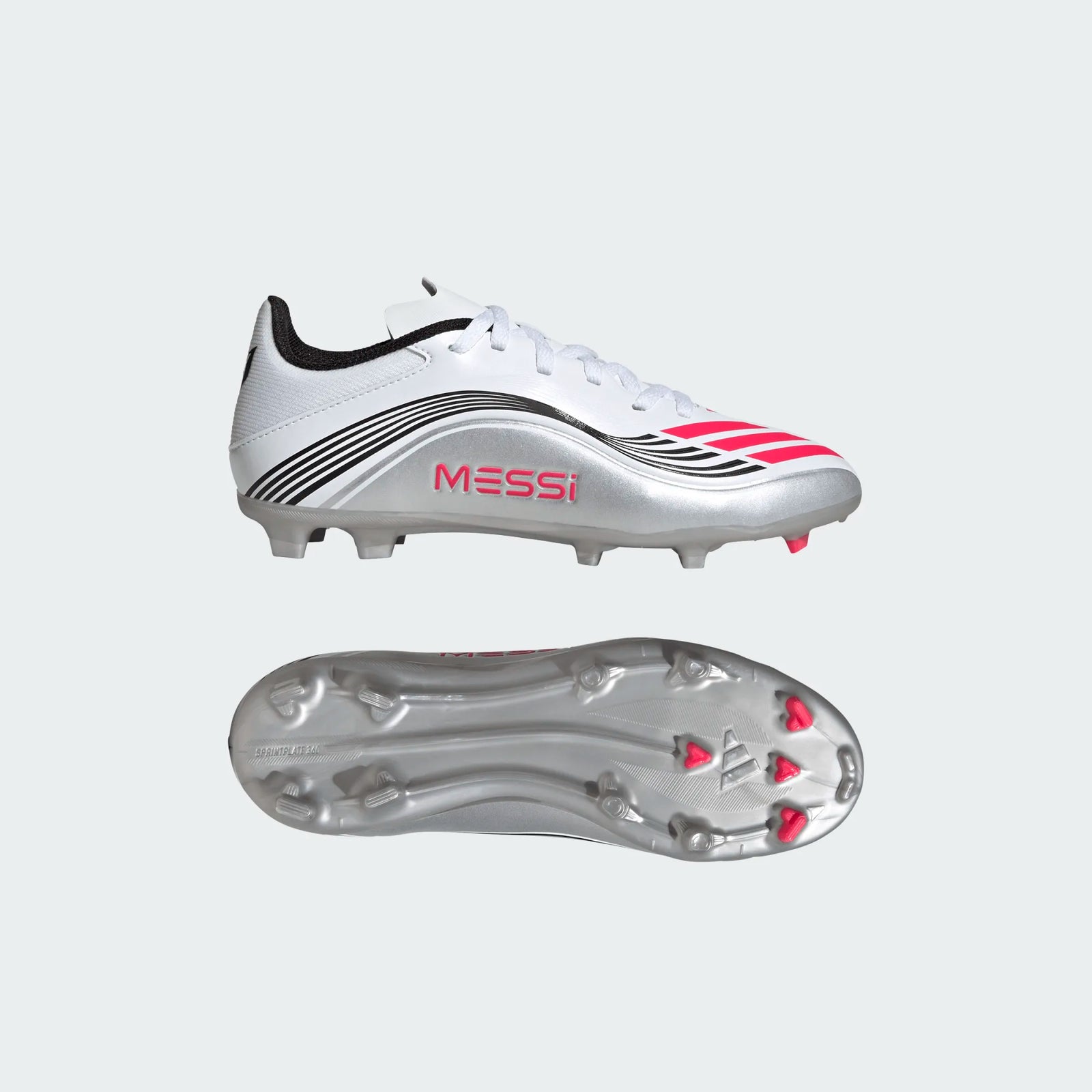 adidas Youth F50 Messi League FG/MG Junior Soccer Cleats (White/Lucid Red/Silver Metallic)