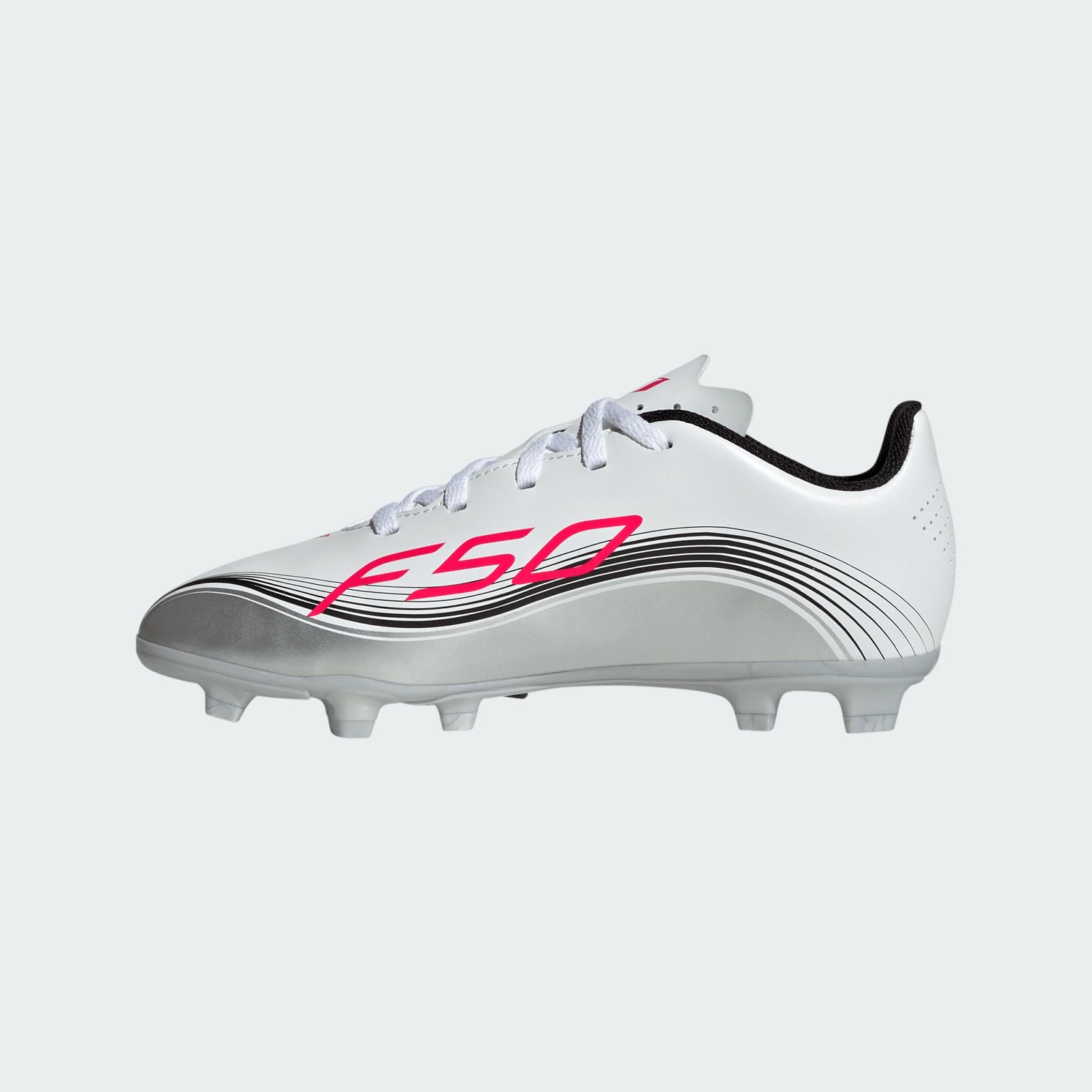 adidas Youth F50 Messi Club FG/MG Junior Soccer Cleats (White/Lucid Red/Silver Metallic)