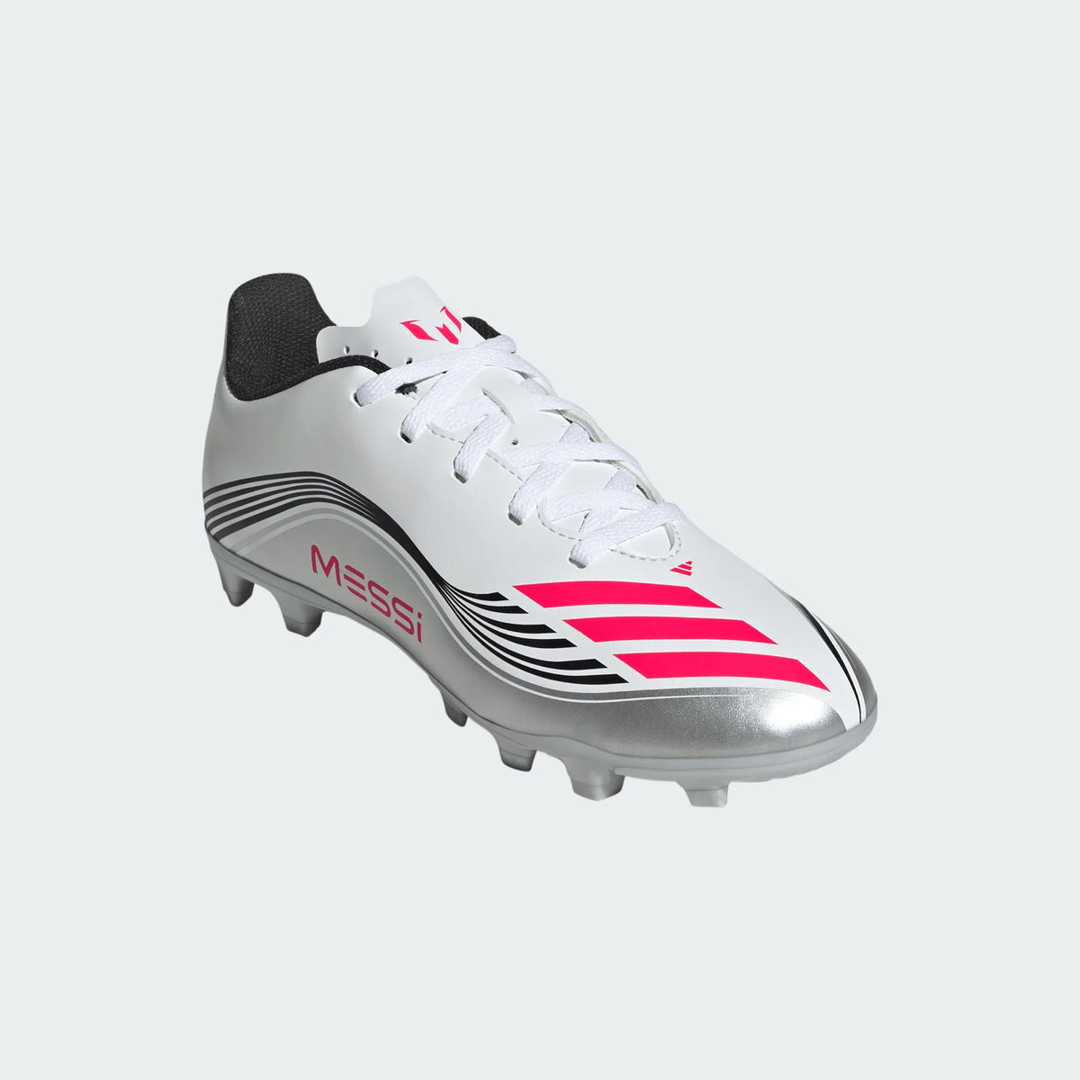 adidas Youth F50 Messi Club FG/MG Junior Soccer Cleats (White/Lucid Red/Silver Metallic)