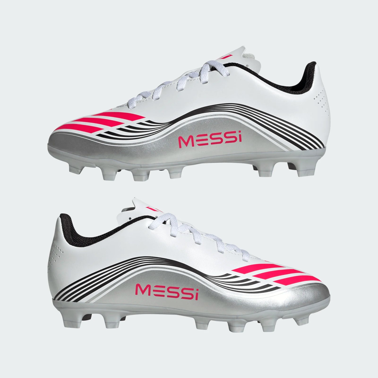adidas Youth F50 Messi Club FG/MG Junior Soccer Cleats (White/Lucid Red/Silver Metallic)