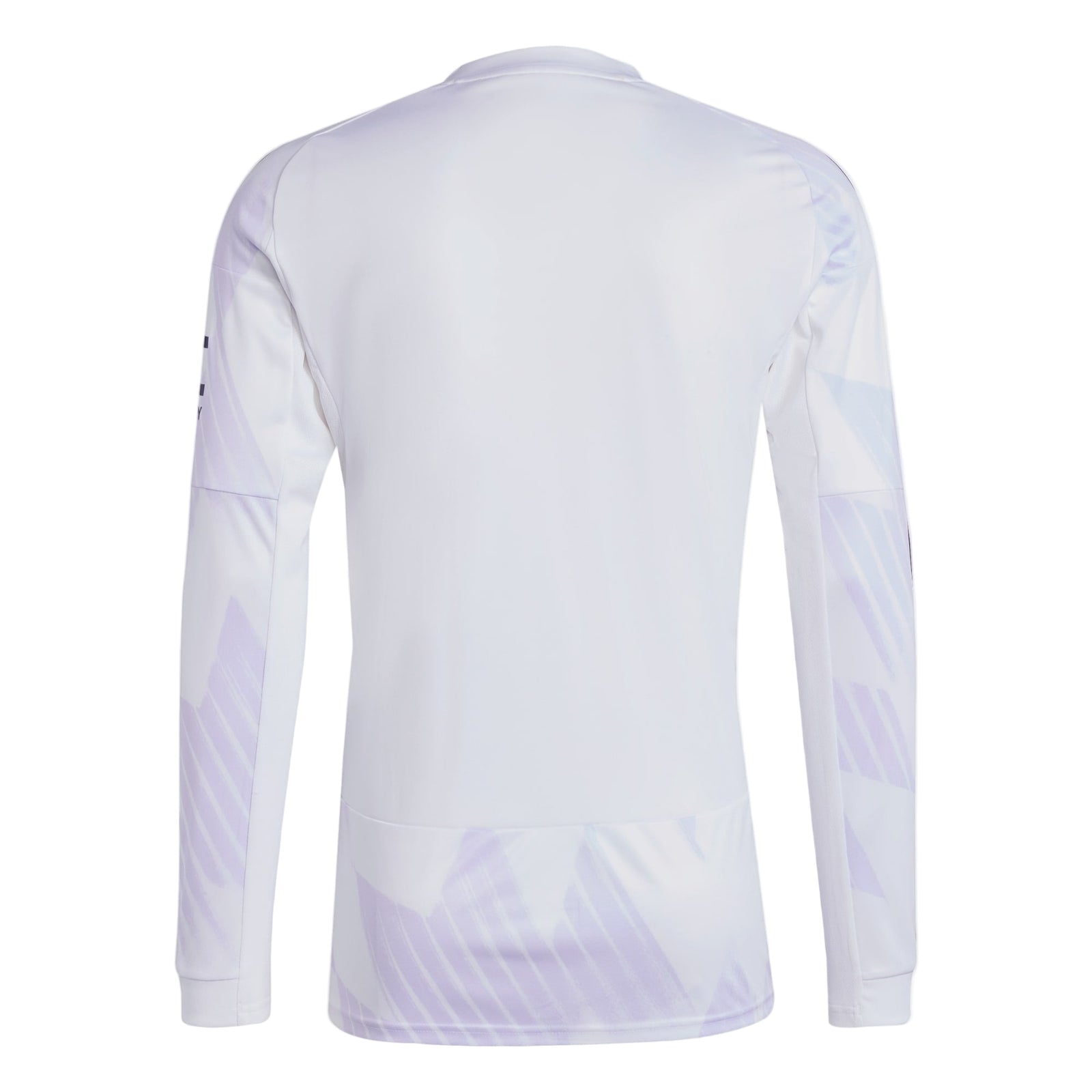White long-sleeve sports jersey with purple accents and branding on a white background
