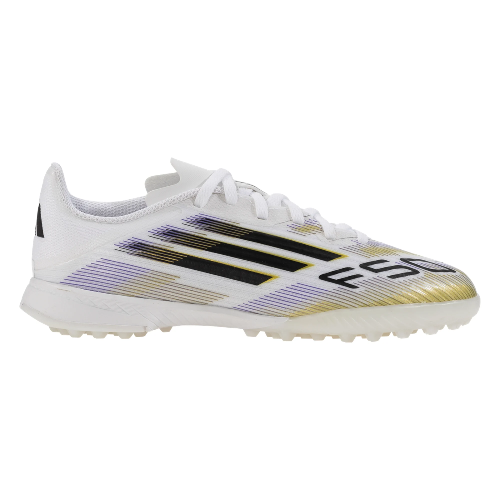 adidas Youth F50 League Turf Soccer Shoes (White/Black/Gold Metallic)
