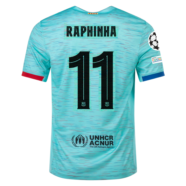 Nike Barcelona Raphinha Third Jersey w/ Champions League Patches 23/24 (Light Aqua/Royal Blue) Questions & Answers