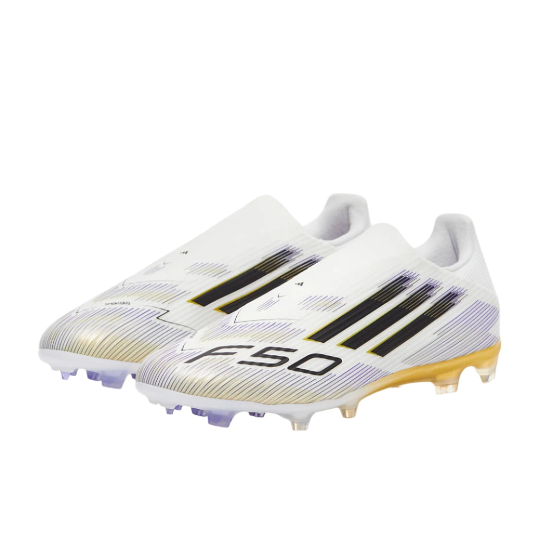 adidas F50 League Laceless FG Soccer Cleats (White/Black/Gold Metallic)