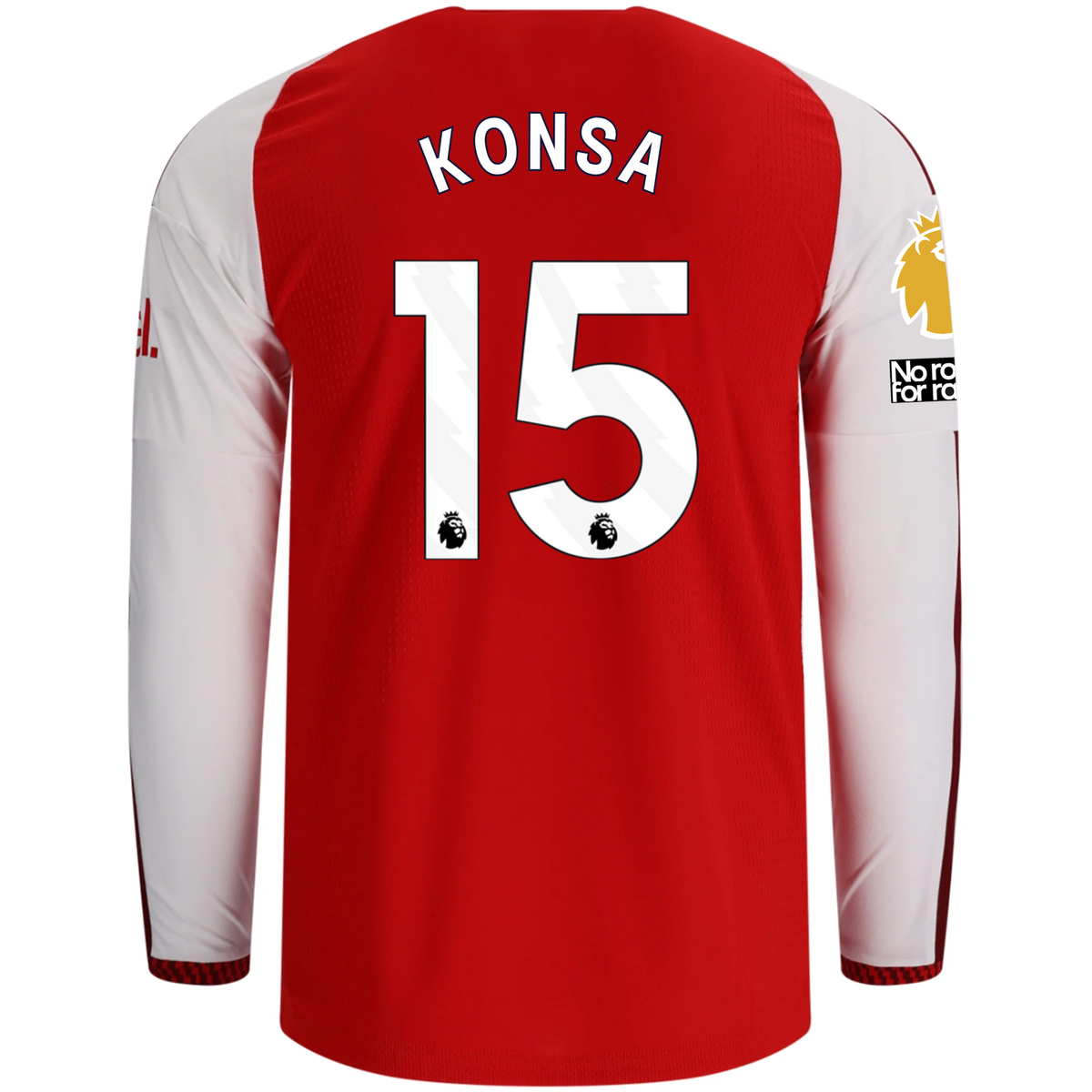 adidas Mens Arsenal Authentic Ezri Konsa Long Sleeve Home Jersey w/ EPL + No Room for Racism Patches 26/27 (Better Scarlet)