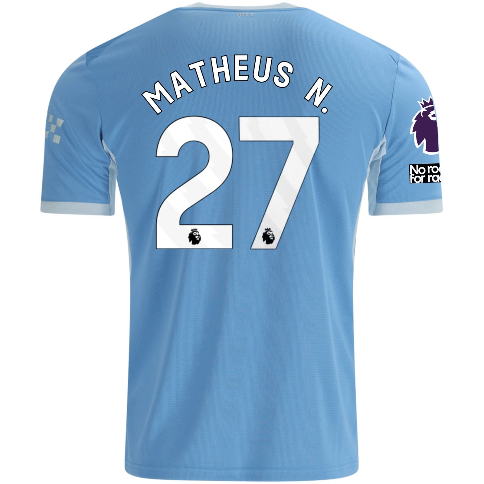Puma Mens Manchester City Matheus Nunes Home Jersey EPL + No Room For Racism Patches 26/27 (Team Light Blue/Icey Blue)