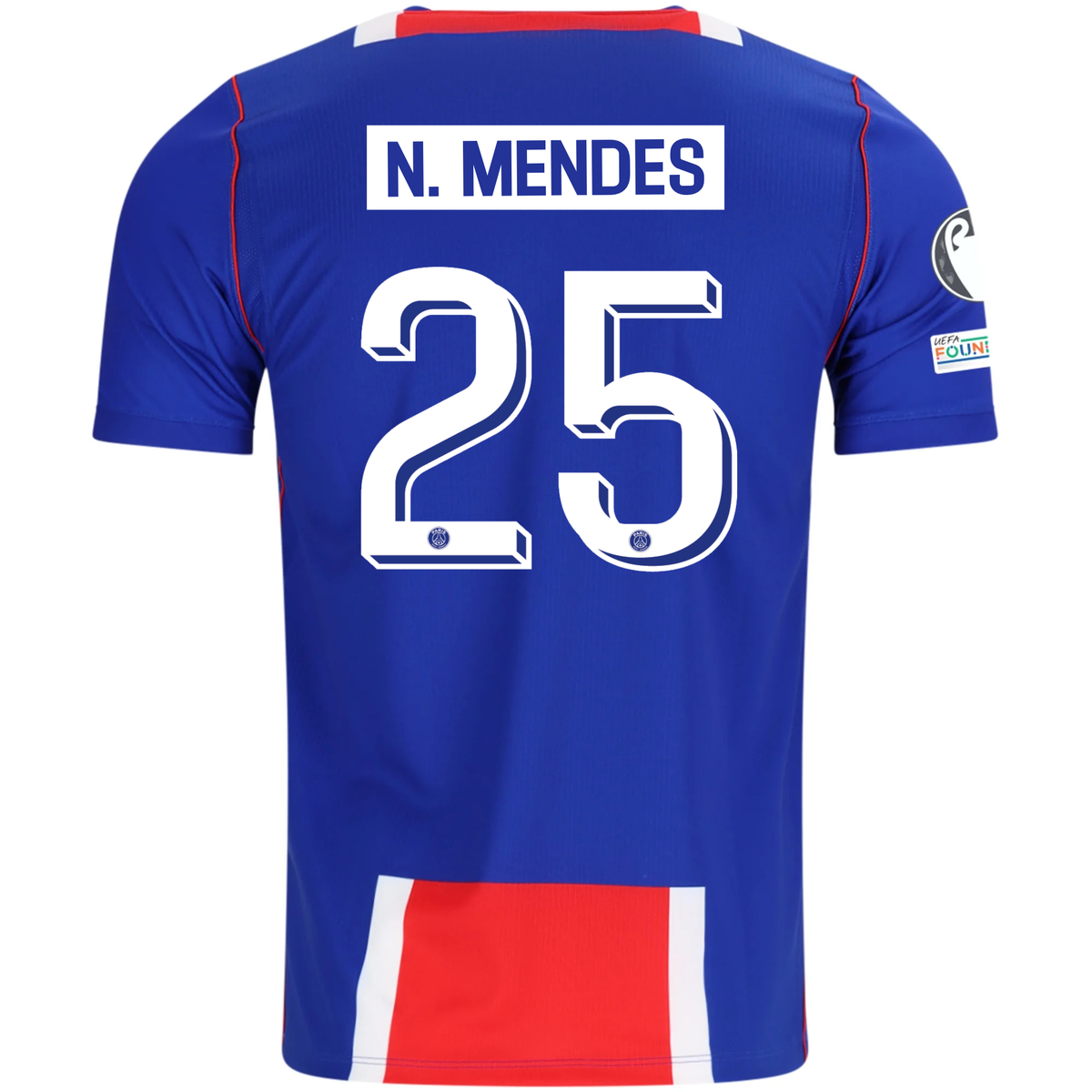 Nike Mens Paris Saint-Germain Nuno Mendes Home Jersey w/ Champions League Patches 26/27 (Blue/White/Red)