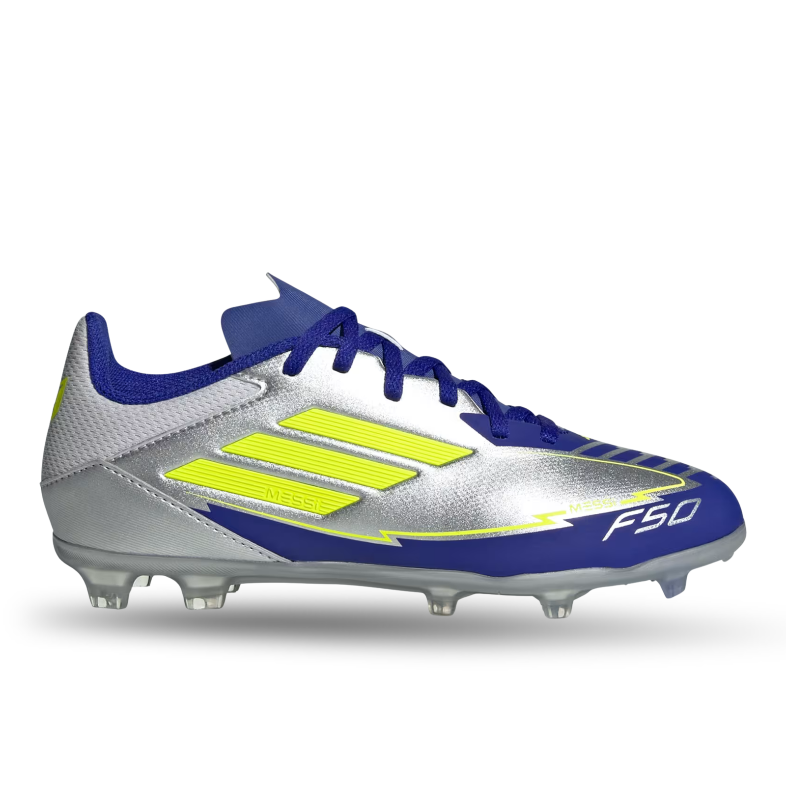 adidas Youth Jr. F50 Messi League FG/MG J Socce Cleats (Silver Metallic/Solar Yellow/Lucid Blue)