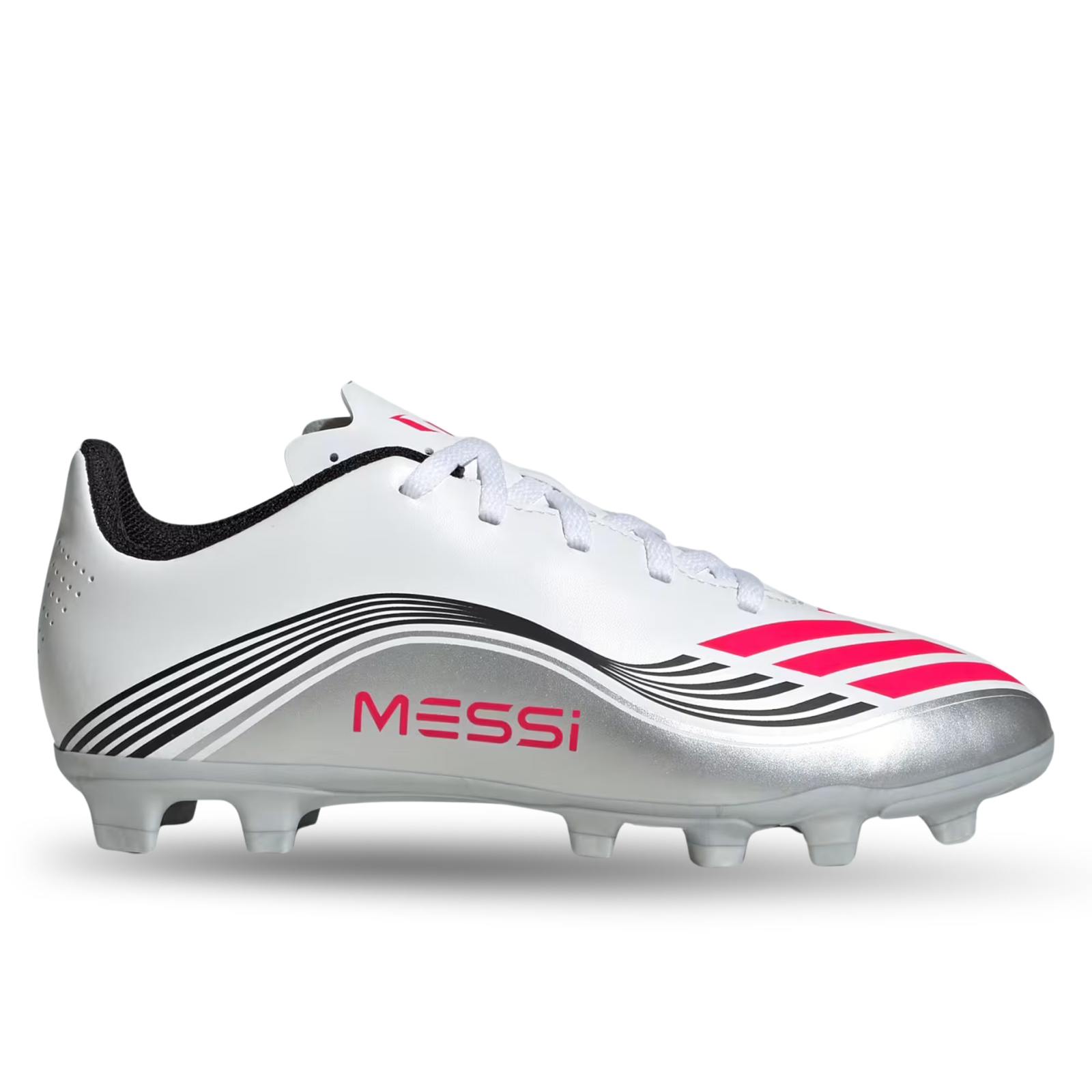 adidas Youth F50 Messi Club FG/MG Junior Soccer Cleats (White/Lucid Red/Silver Metallic)