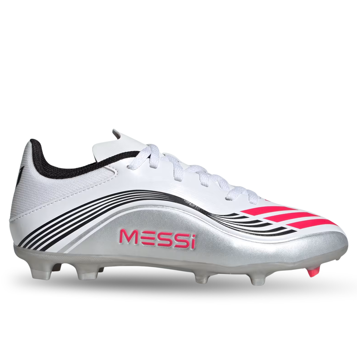 adidas Youth F50 Messi League FG/MG Junior Soccer Cleats (White/Lucid Red/Silver Metallic)