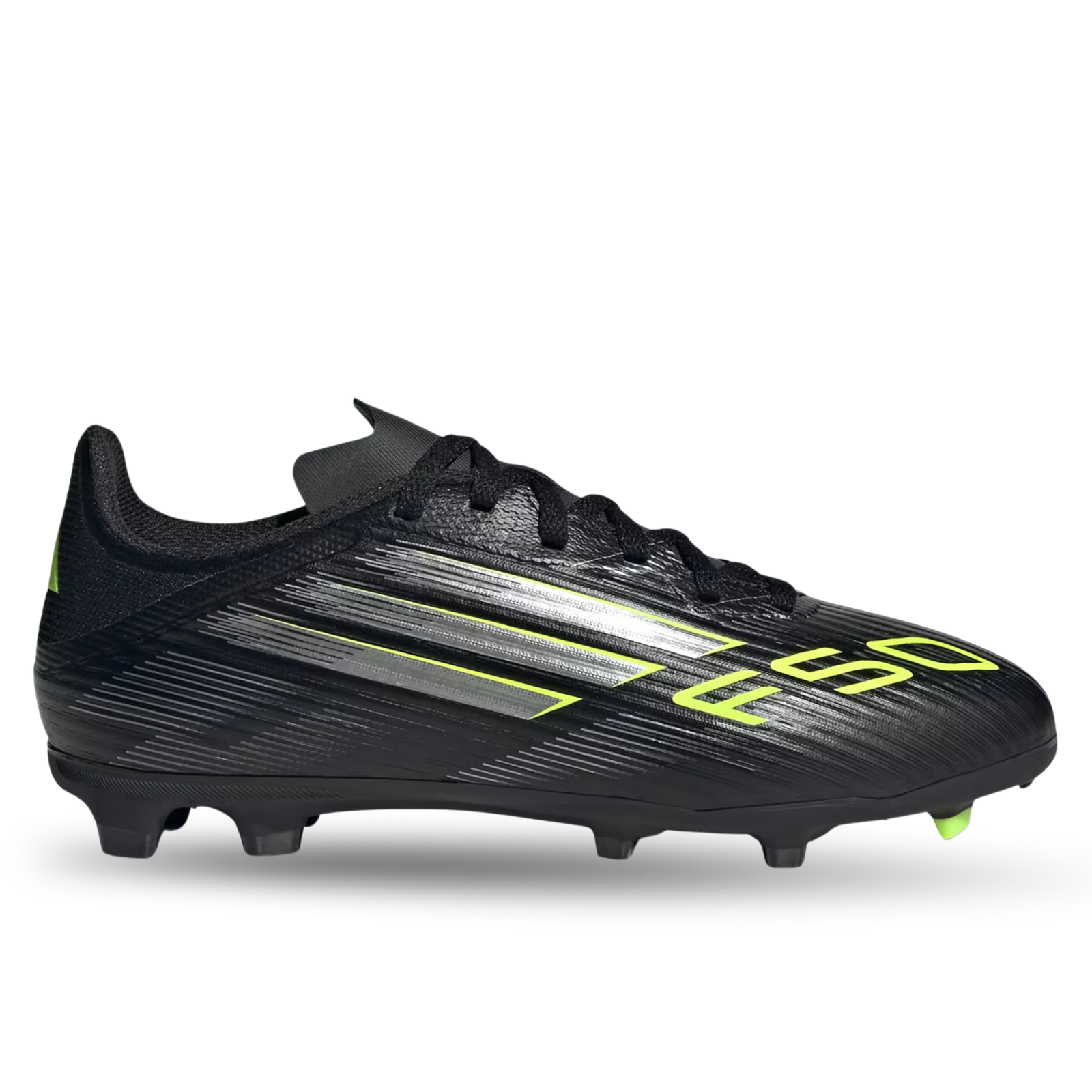 adidas Youth F50 League Firm Ground/Multi Ground Junior Soccer Cleats (Black/Iron Metallic/Lucid Lemon)