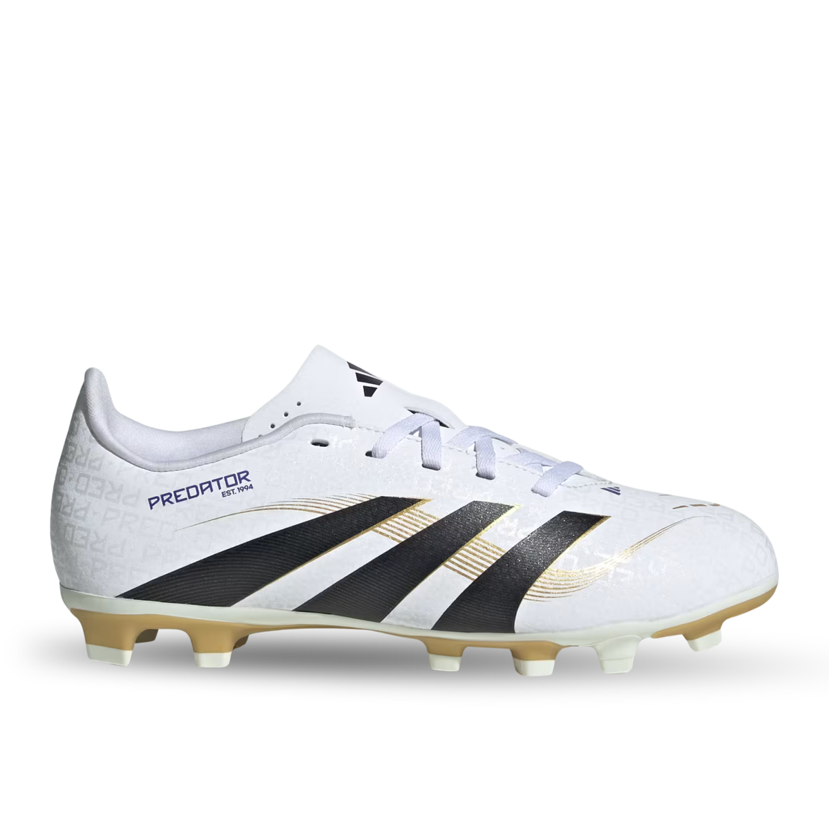 adidas Youth Jr. Predator Club Firm Ground Multi Ground Junior Soccer Cleats (White/Black/Gold Metallic)