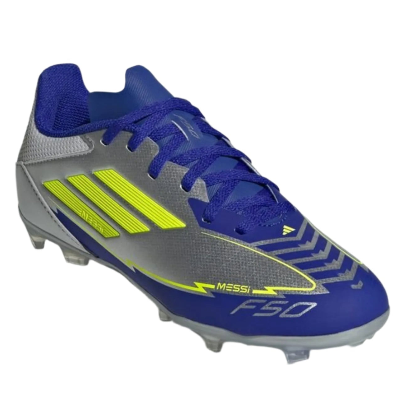 adidas Youth Jr. F50 Messi League FG/MG J Socce Cleats (Silver Metallic/Solar Yellow/Lucid Blue)