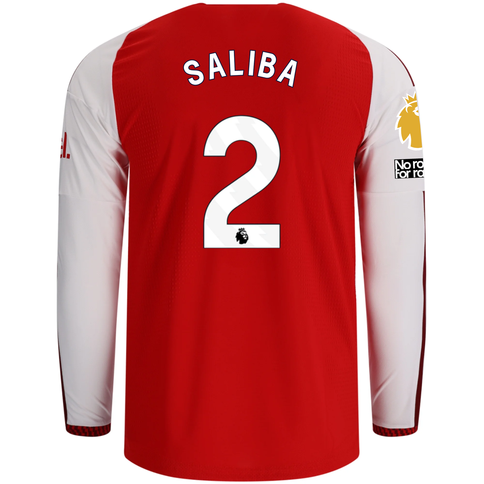 adidas Mens Arsenal Authentic William Saliba Long Sleeve Home Jersey w/ EPL + No Room for Racism Patches 26/27 (Better Scarlet)