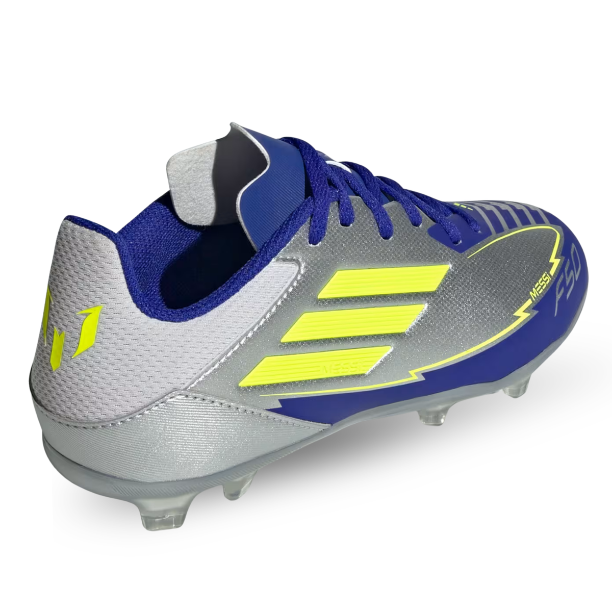 adidas Youth Jr. F50 Messi League FG/MG J Socce Cleats (Silver Metallic/Solar Yellow/Lucid Blue)