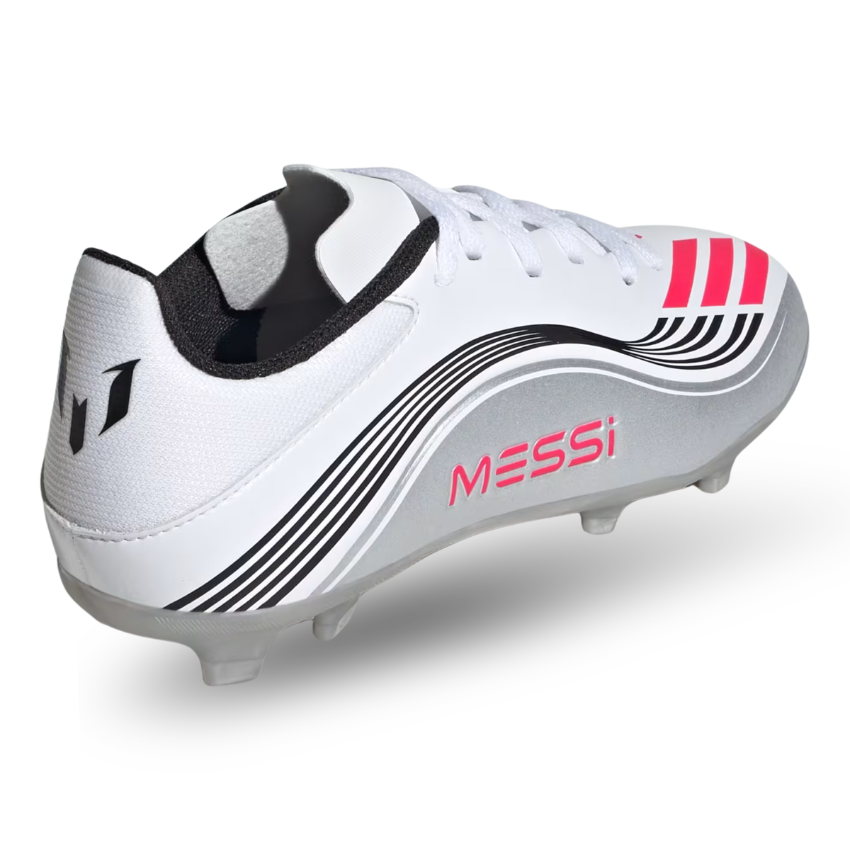 adidas Youth F50 Messi League FG/MG Junior Soccer Cleats (White/Lucid Red/Silver Metallic)