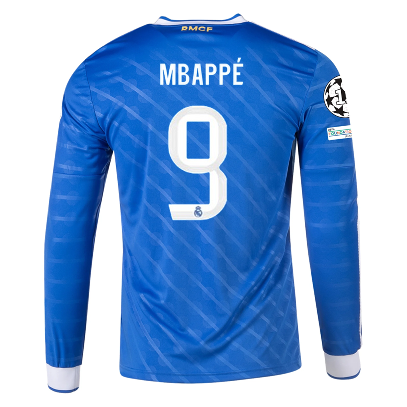 adidas Men's Real Madrid Mbappe Long Sleeve Third Jersey w/ Champions League Patches 25/26 (Blue/White)