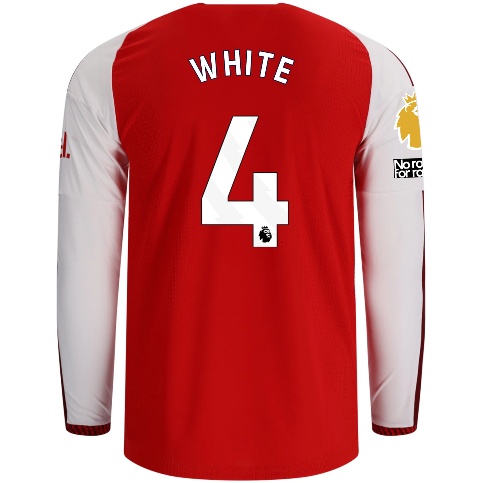 adidas Mens Arsenal Authentic Ben White Long Sleeve Home Jersey w/ EPL + No Room for Racism Patches 26/27 (Better Scarlet)
