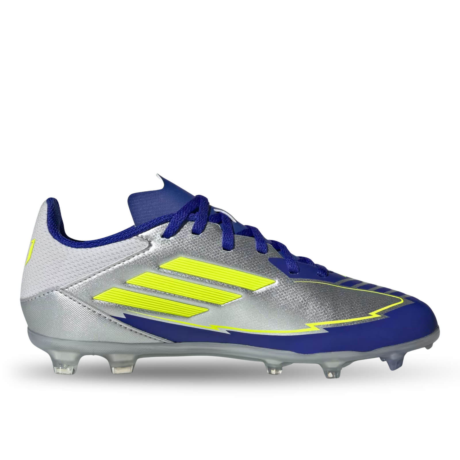 adidas Youth Jr. F50 Messi League FG/MG J Socce Cleats (Silver Metallic/Solar Yellow/Lucid Blue)