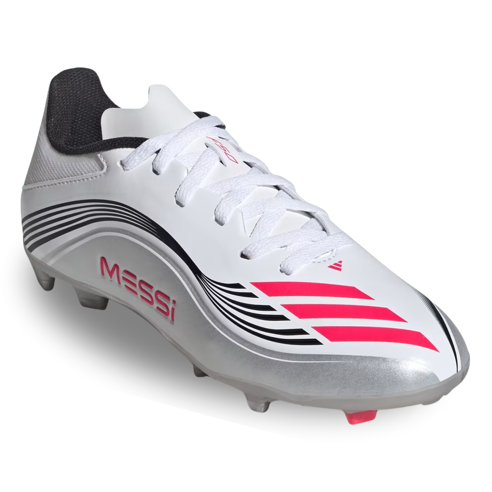 adidas Youth F50 Messi League FG/MG Junior Soccer Cleats (White/Lucid Red/Silver Metallic)
