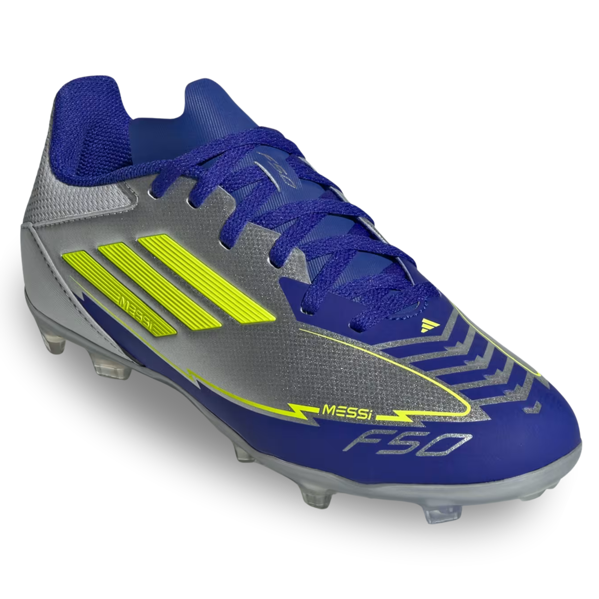 adidas Youth Jr. F50 Messi League FG/MG J Socce Cleats (Silver Metallic/Solar Yellow/Lucid Blue)