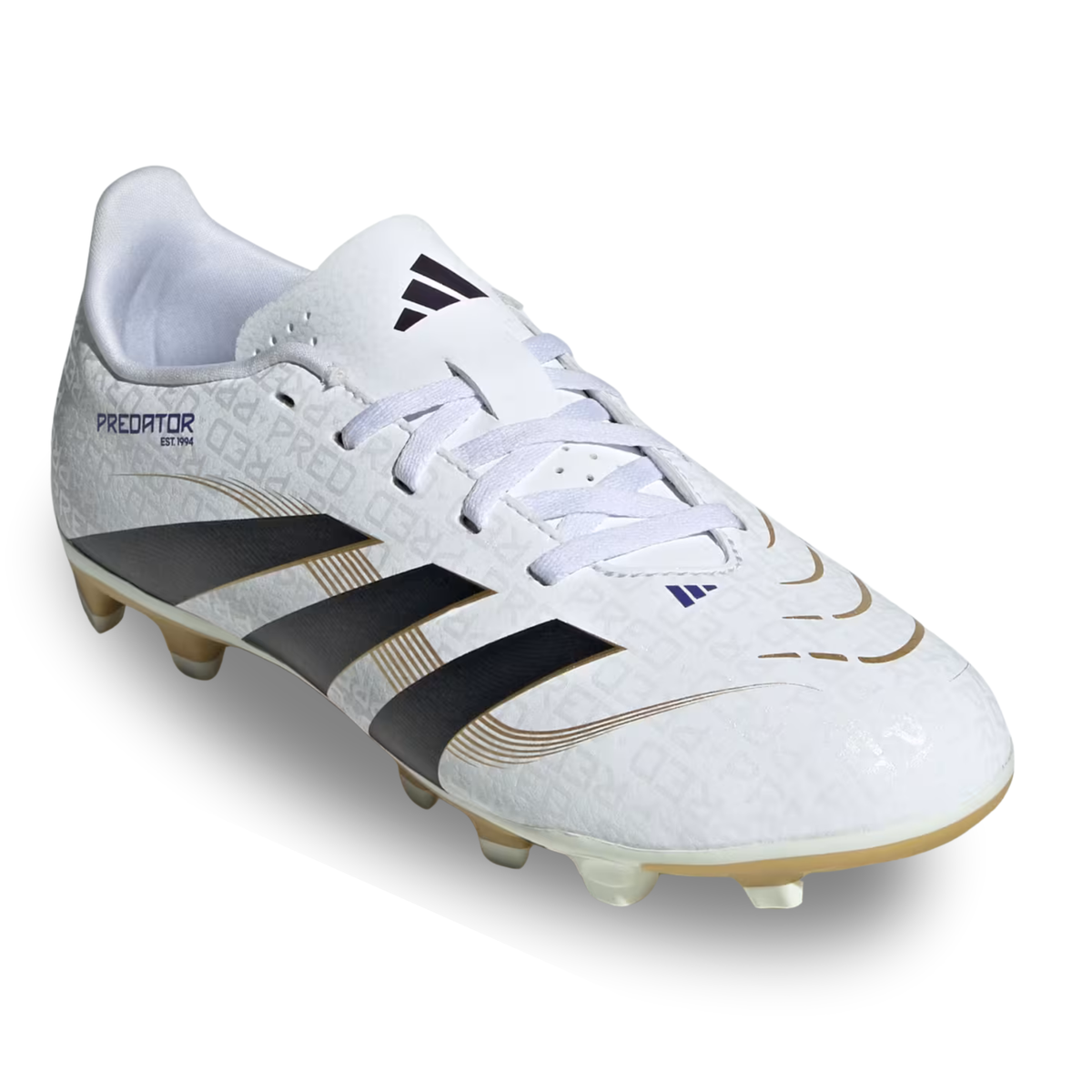 adidas Youth Jr. Predator Club Firm Ground Multi Ground Junior Soccer Cleats (White/Black/Gold Metallic)
