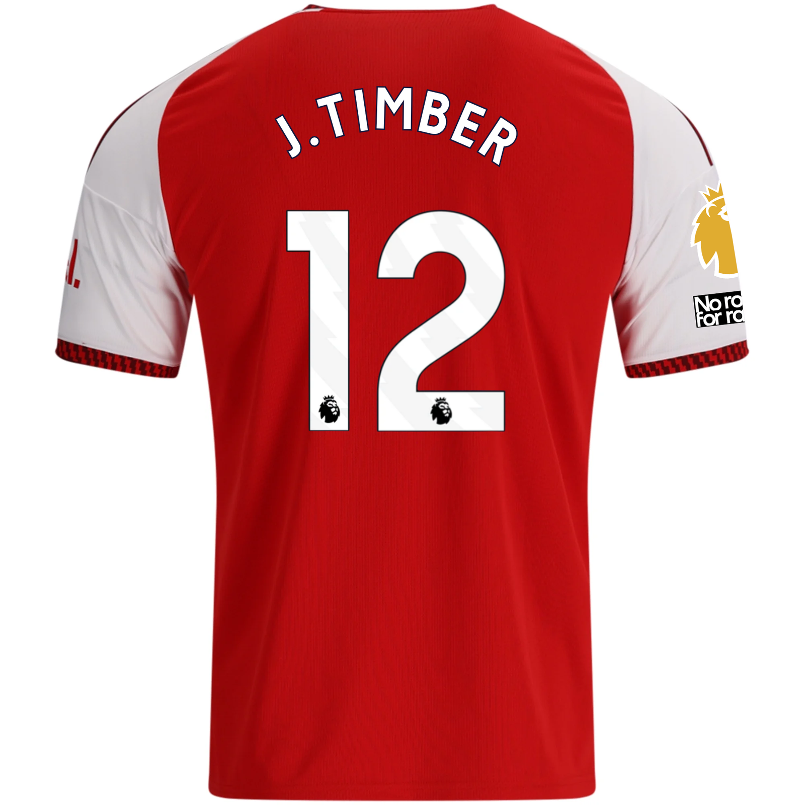 adidas Mens Arsenal Jurriën Timber Home Jersey w/ EPL + No Room For Racism Patches 26/27 (Red)