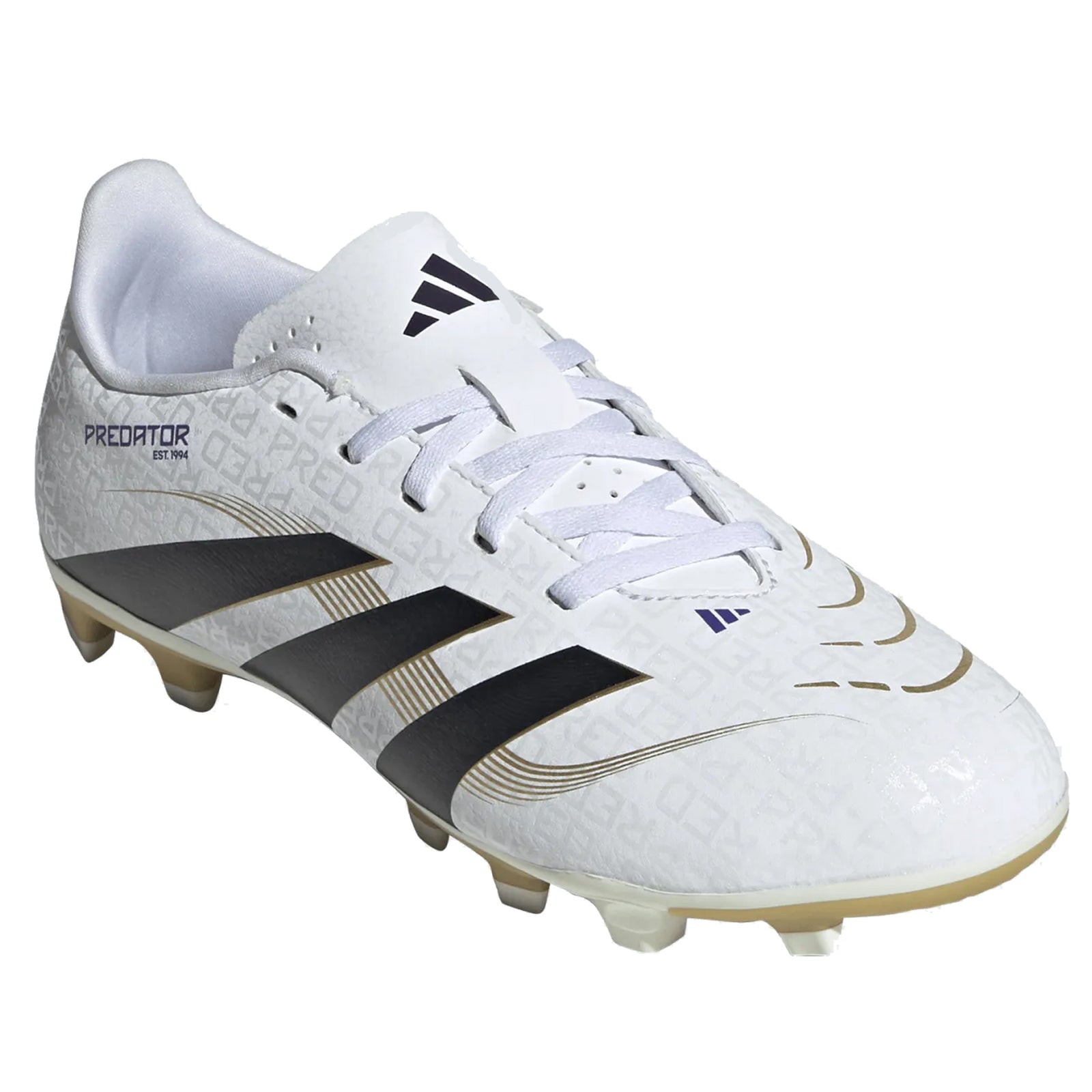 adidas Youth Jr. Predator Club Firm Ground Multi Ground Junior Soccer Cleats (White/Black/Gold Metallic)