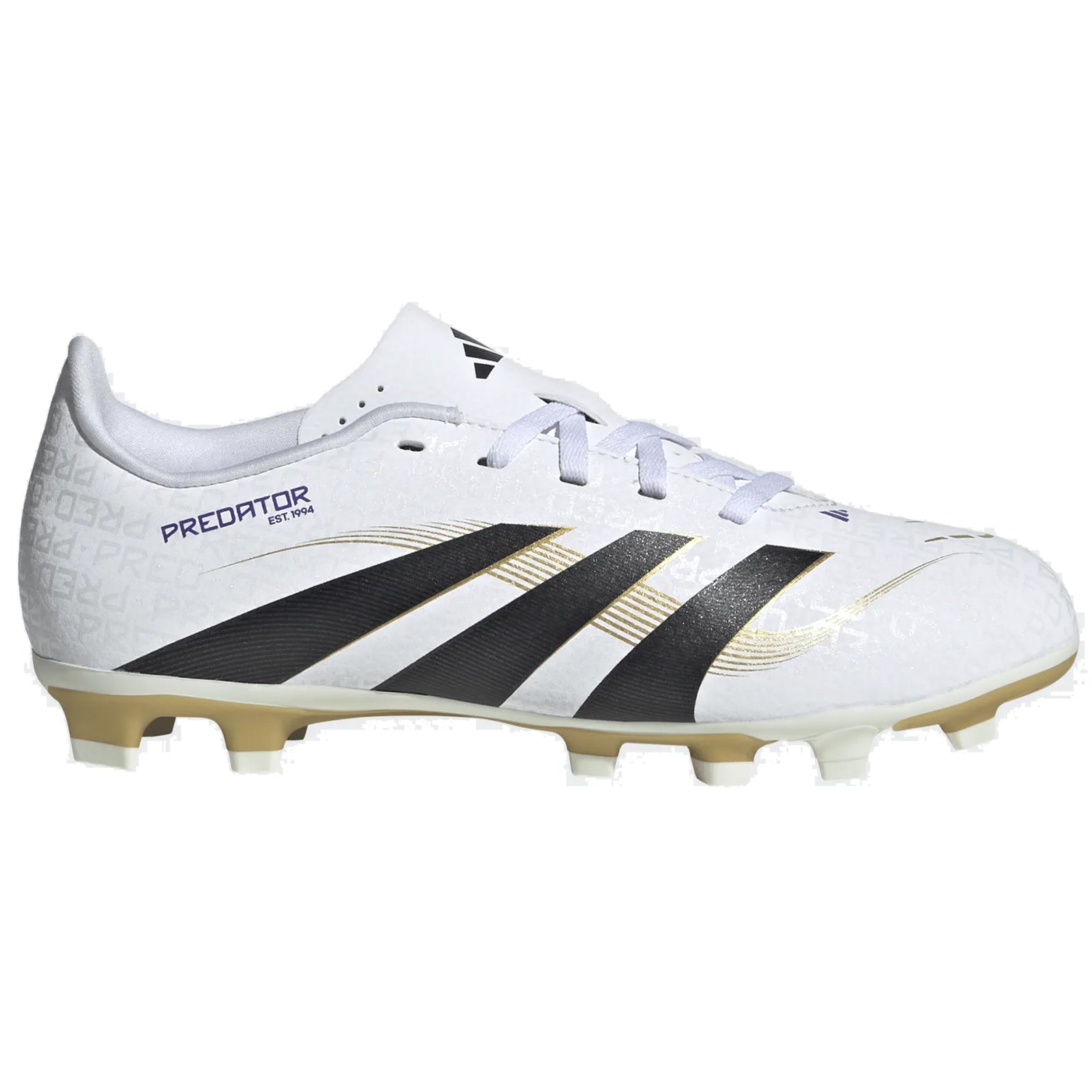 adidas Youth Jr. Predator Club Firm Ground Multi Ground Junior Soccer Cleats (White/Black/Gold Metallic)