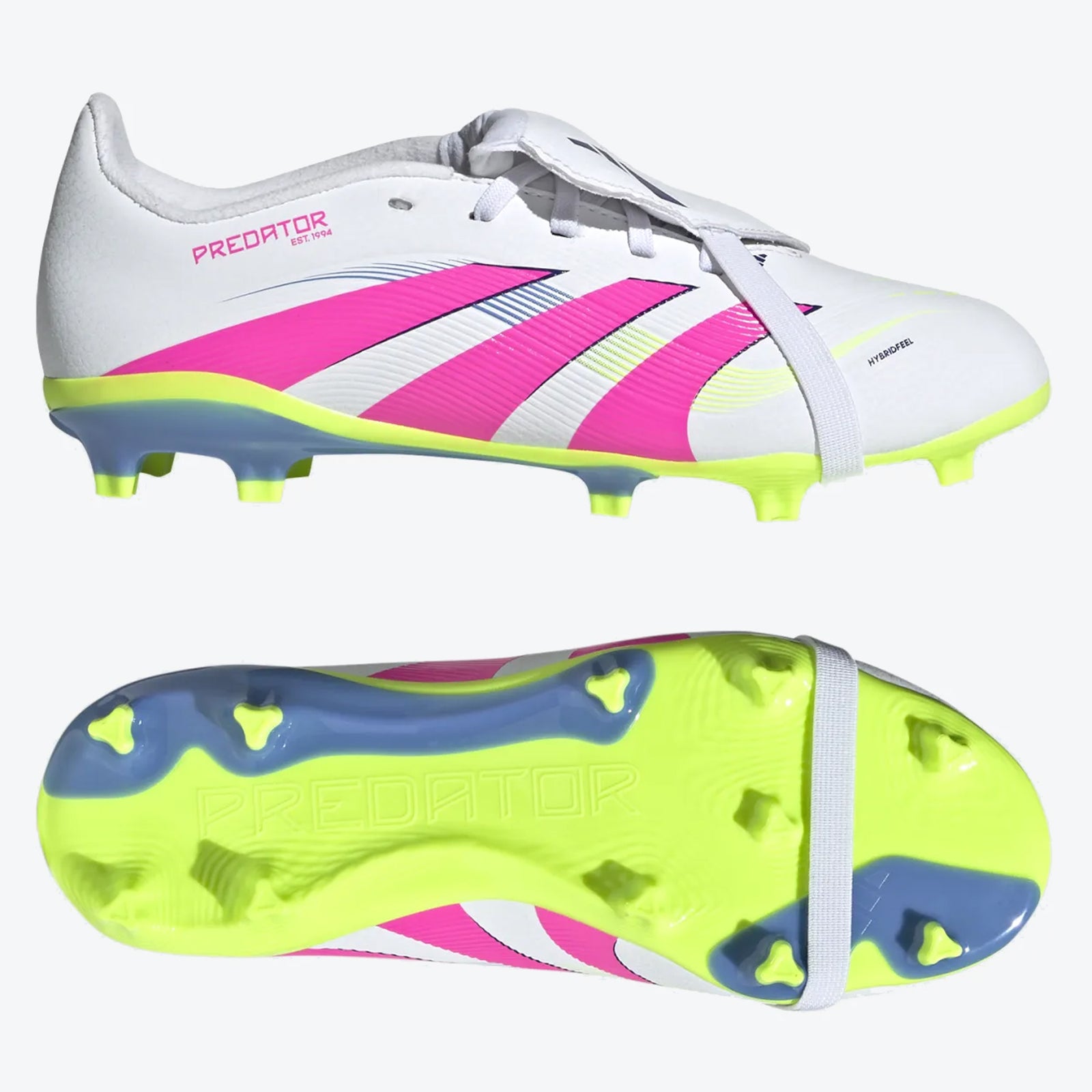 adidas Jr. Youth Predator League Fold Tongue FT FG Soccer Cleats (White/Lucid Lemon/Lucid Pink)