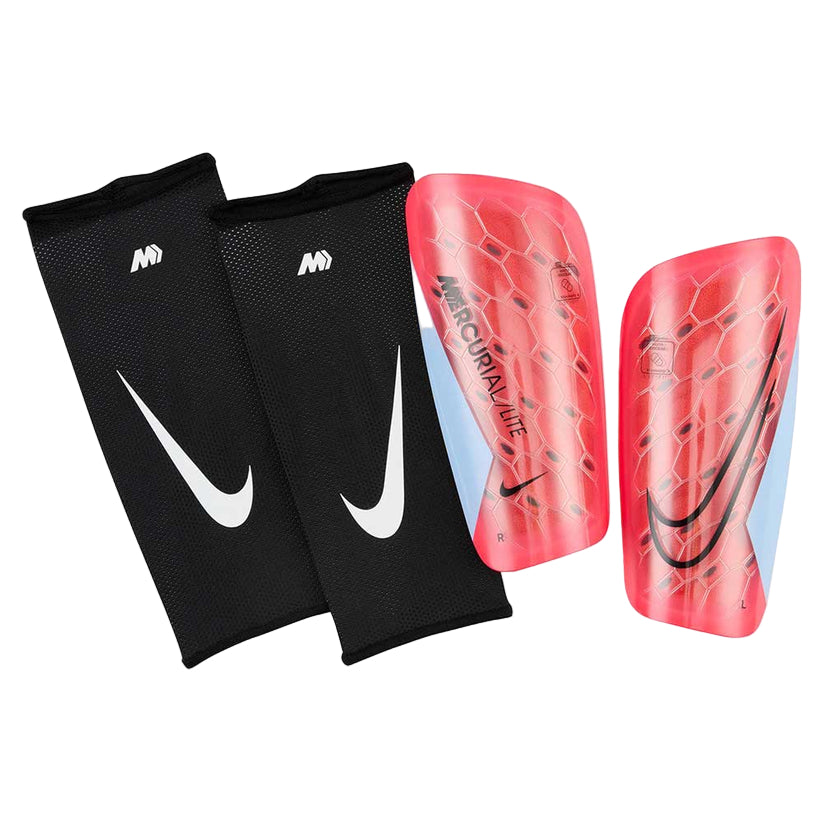 Black shin guards with white Nike logo and pink shin guards with black Nike logo on a white background