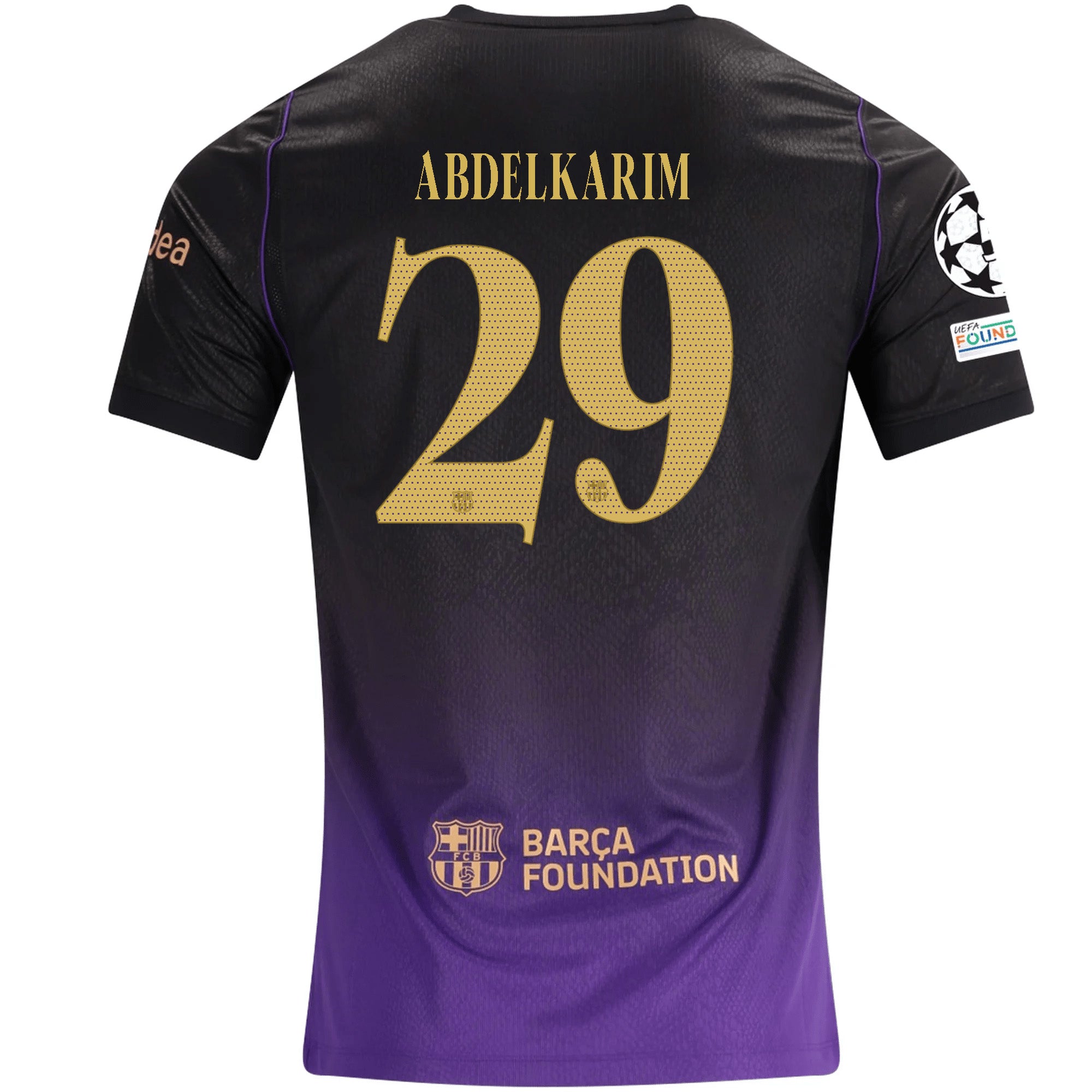 Nike Mens Barcelona Hamza Abdelkarim Away Jersey w/ Champions League Patches 26/27 (Purple/Metallic Gold)