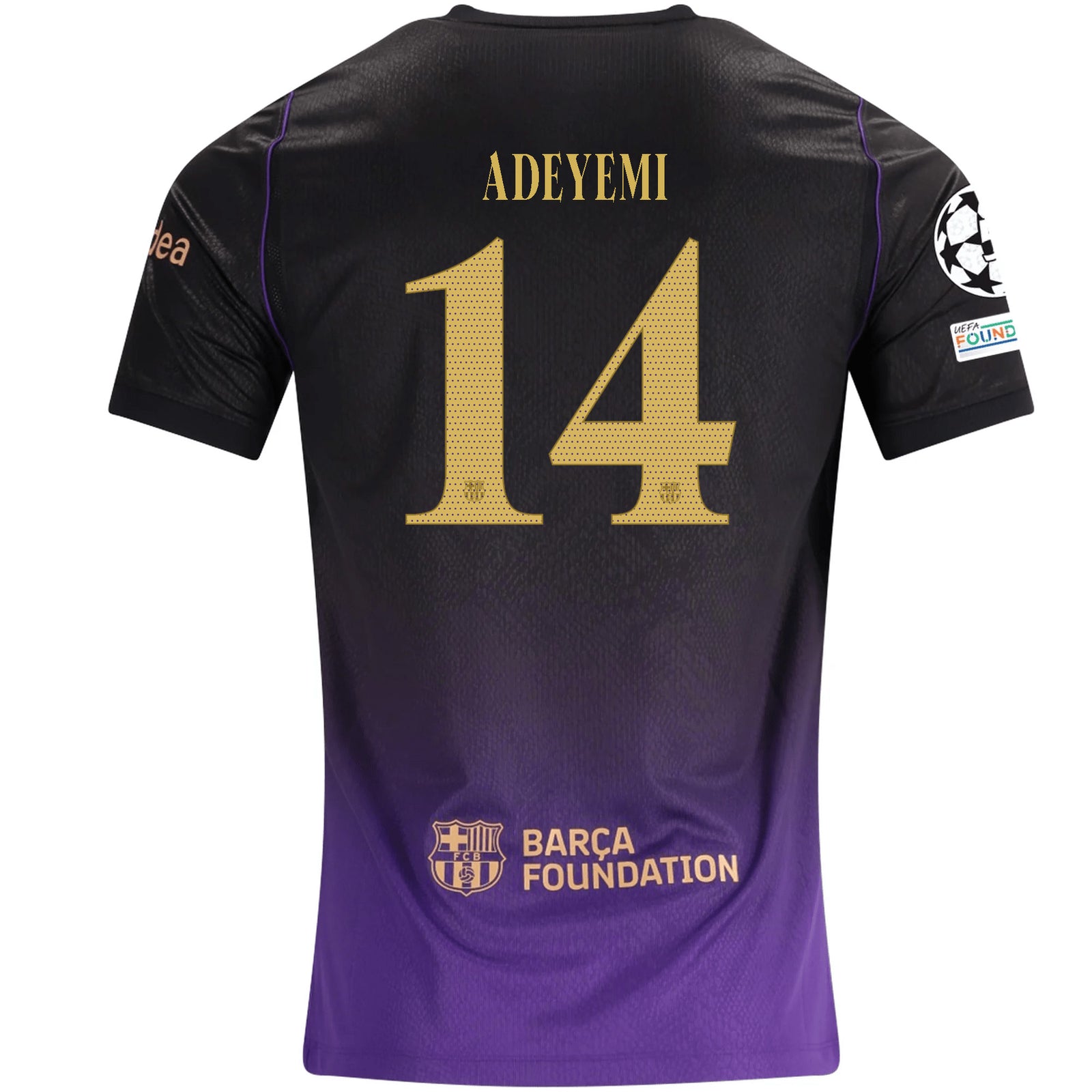 Nike Mens Barcelona Karim Adeyemi Away Jersey w/ Champions League Patches 26/27 (Purple/Metallic Gold)