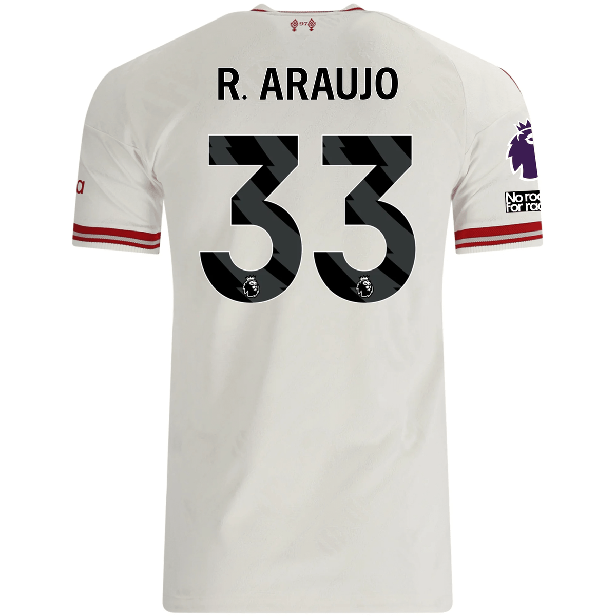 adidas Mens Liverpool Ronald Araújo Authentic Away Jersey w/ EPL + No Room For Racsim Patches 26/27 (White)