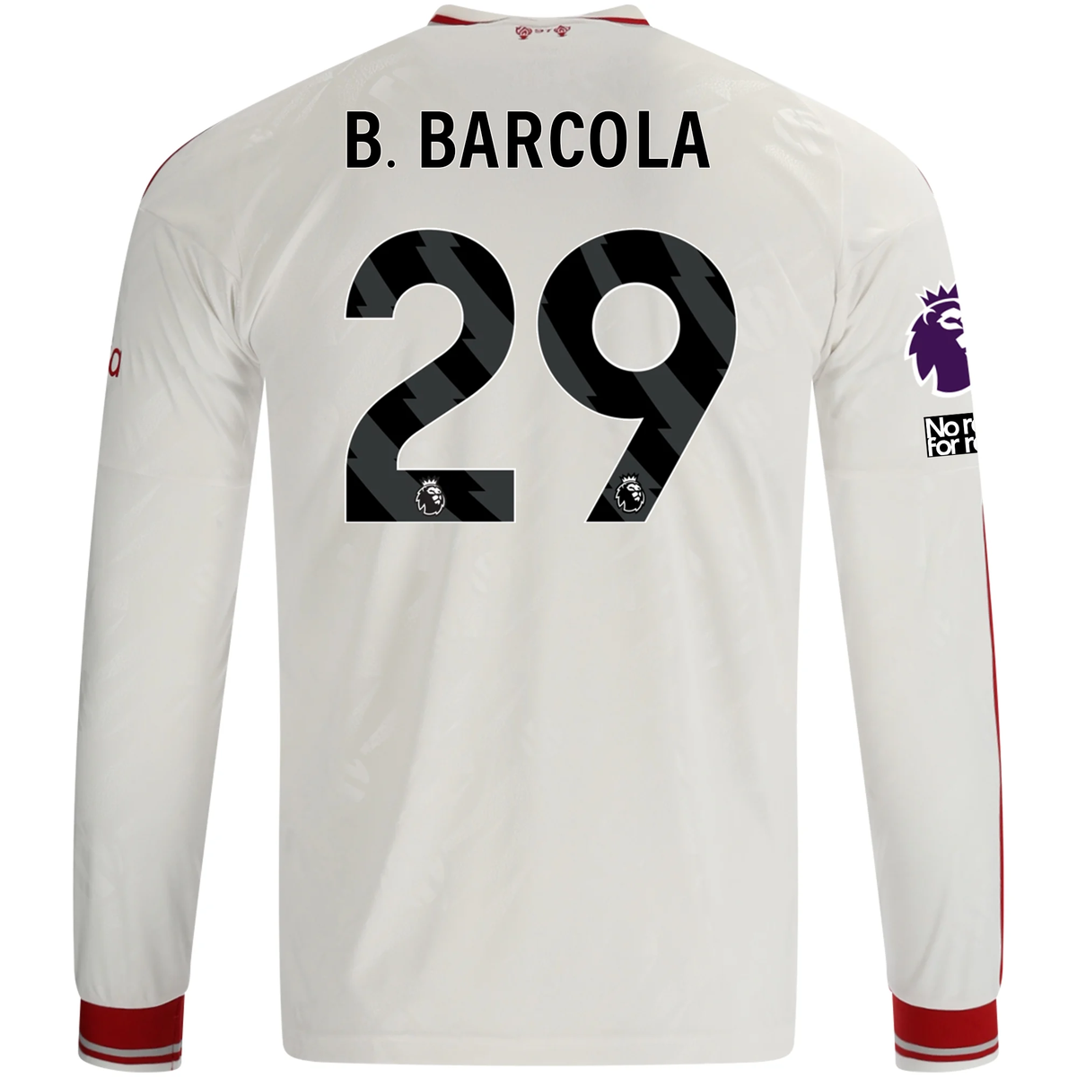 adidas Mens Liverpool Bradley Barcola Long Sleeve Away Jersey w/ EPL + No Room For Racism Patches 26/27 (White/Red)