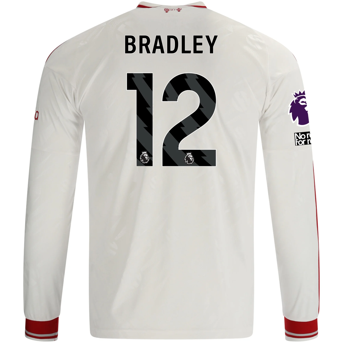 adidas Mens Liverpool Conor Bradley Long Sleeve Away Jersey w/ EPL + No Room For Racism Patches 26/27 (White/Red)