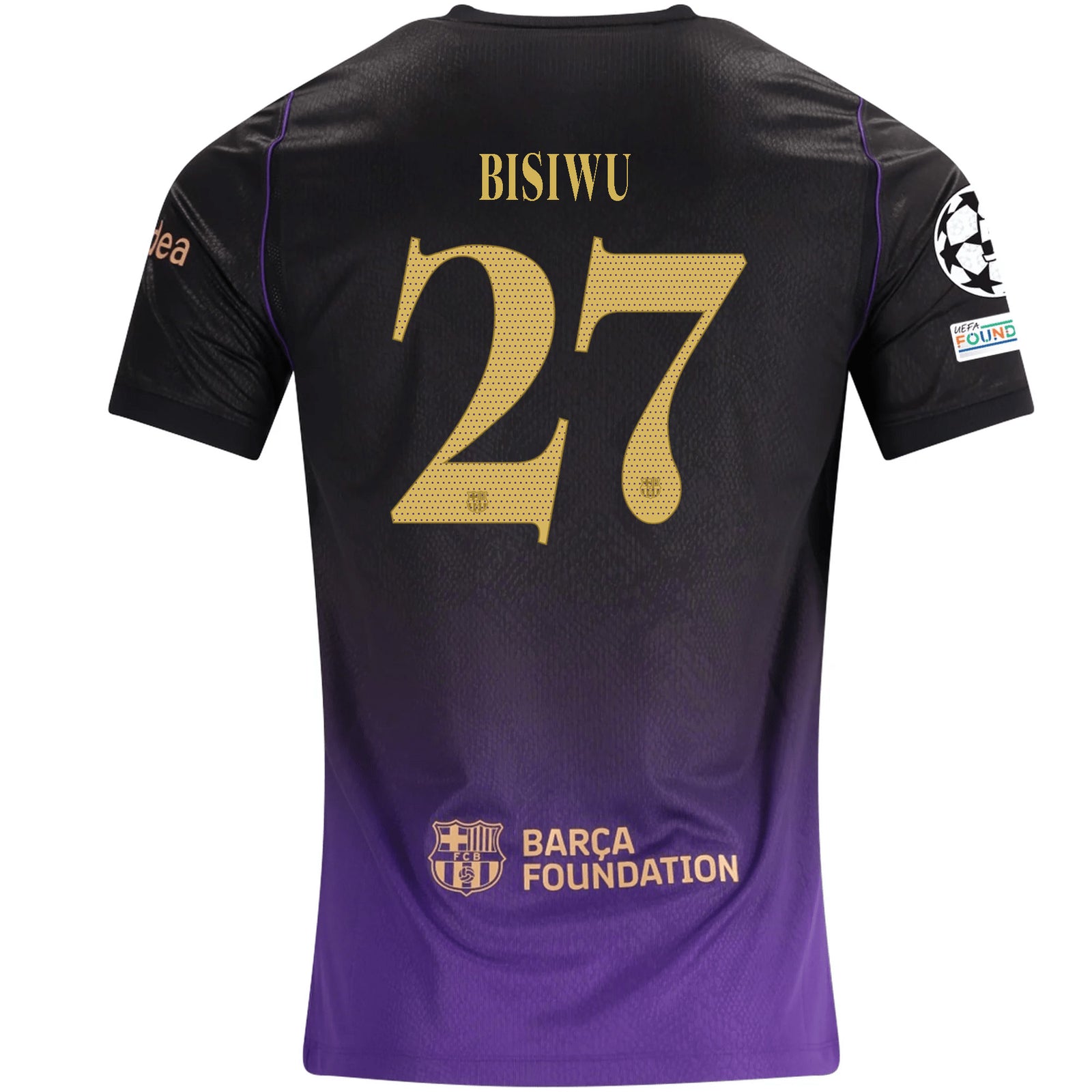 Nike Mens Barcelona Jesse Bisiwu Away Jersey w/ Champions League Patches 26/27 (Purple/Metallic Gold)