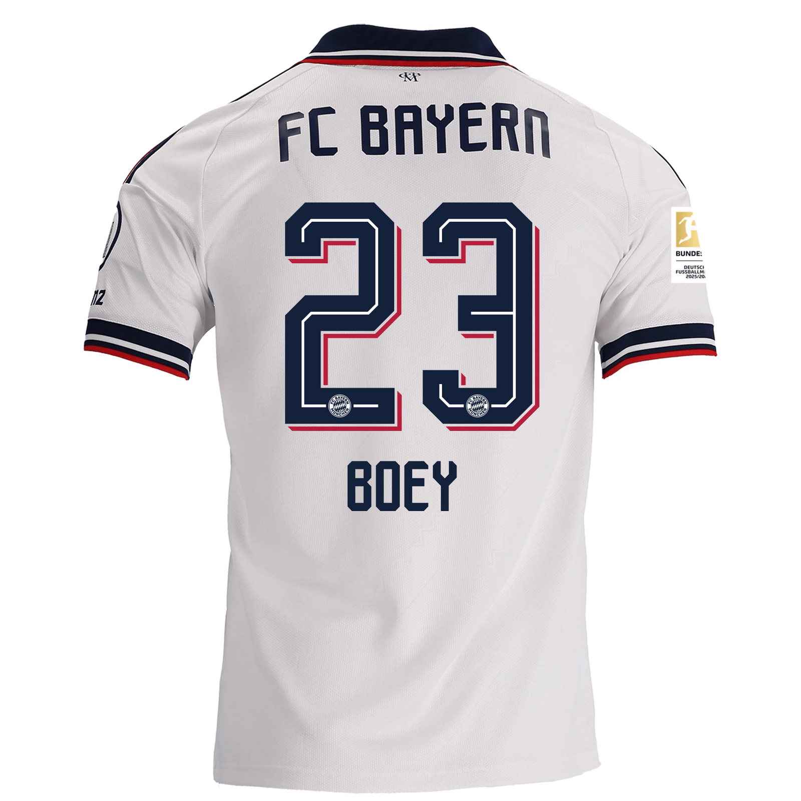 adidas Mens Bayern Munich Sacha Boey Away Jersey w/ Bundesliga Champion Patch 26/27 (White)