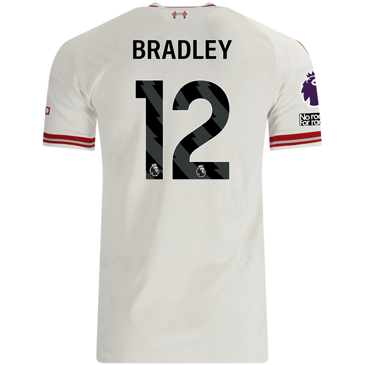 adidas Mens Liverpool Conor Bradley Authentic Away Jersey w/ EPL + No Room For Racsim Patches 26/27 (White)