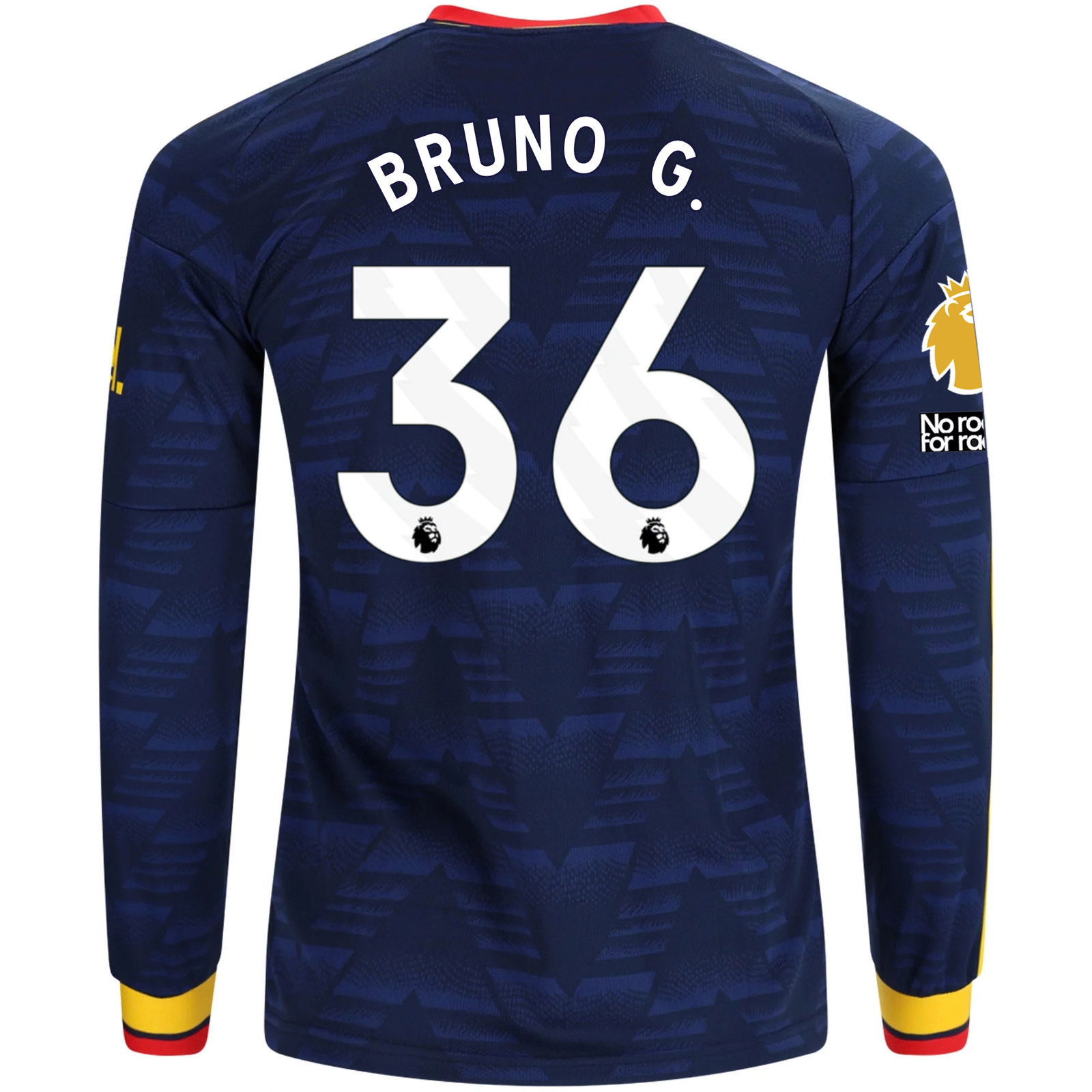 adidas Mens Arsenal Bruno Guimarães Long Sleeve Away Jersey w/ EPL + No Room For Racism Patches 26/27 (Navy/Yelllow)