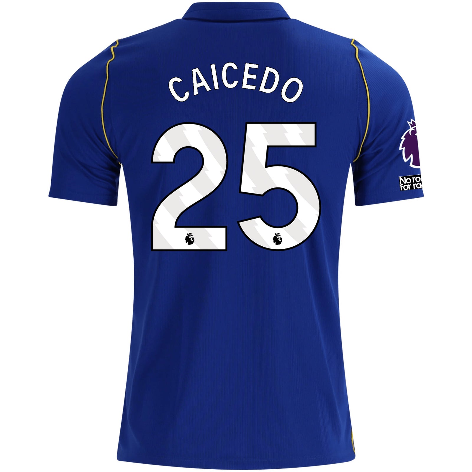 Nike Mens Chelsea FC Moisés Caicedo Home Jersey w/ EPL + No Room For Racism + Club World Cup Champion Patches 26/27 (Bright Royal/Gold)