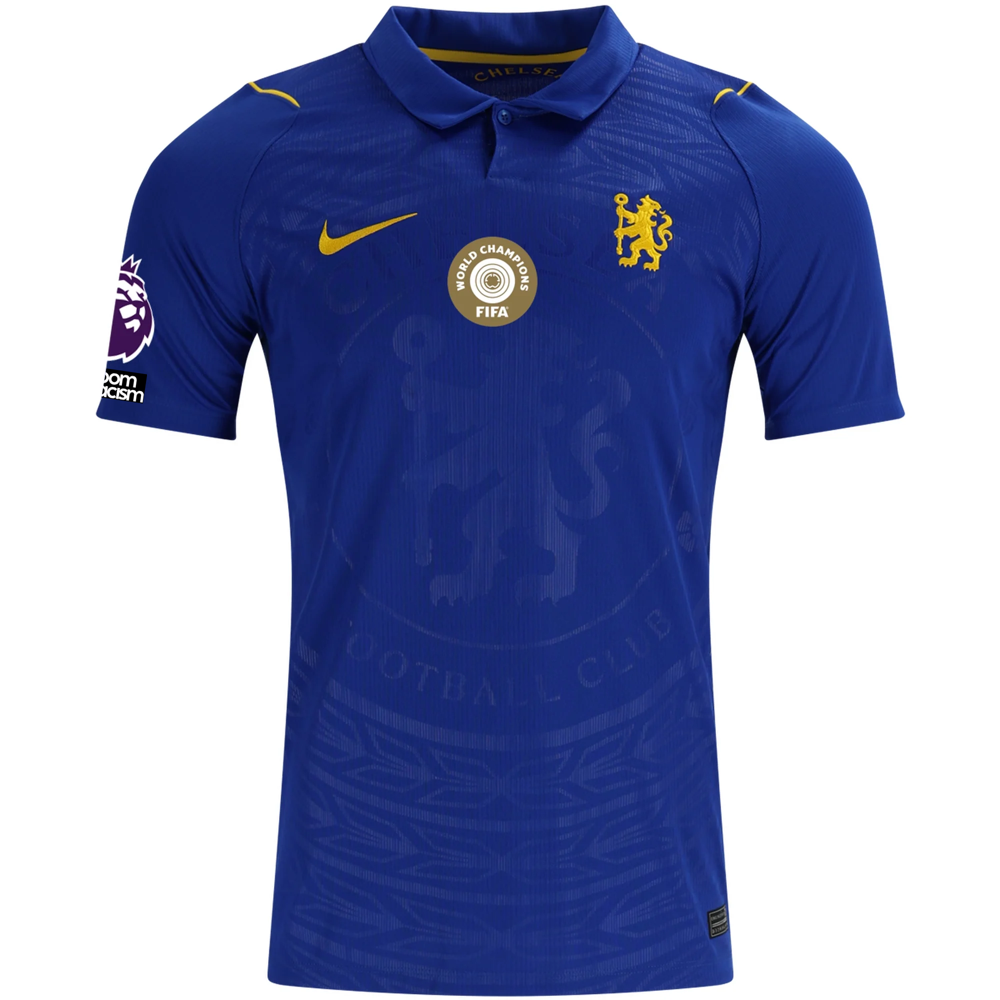 Nike Mens Chelsea FC Home Jersey w/ EPL + No Room For Racism + Club World Cup Champion Patches 26/27 (Bright Royal/Gold)