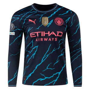 Puma Manchester City Erling Haaland Third Long Sleeve Jersey w/ Champion Leagues + Club World Cup Patch 23/24 (Dark Navy/Hero Blue)
