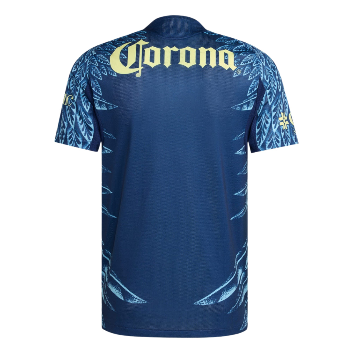 Blue sports jersey with Corona logo on a white background