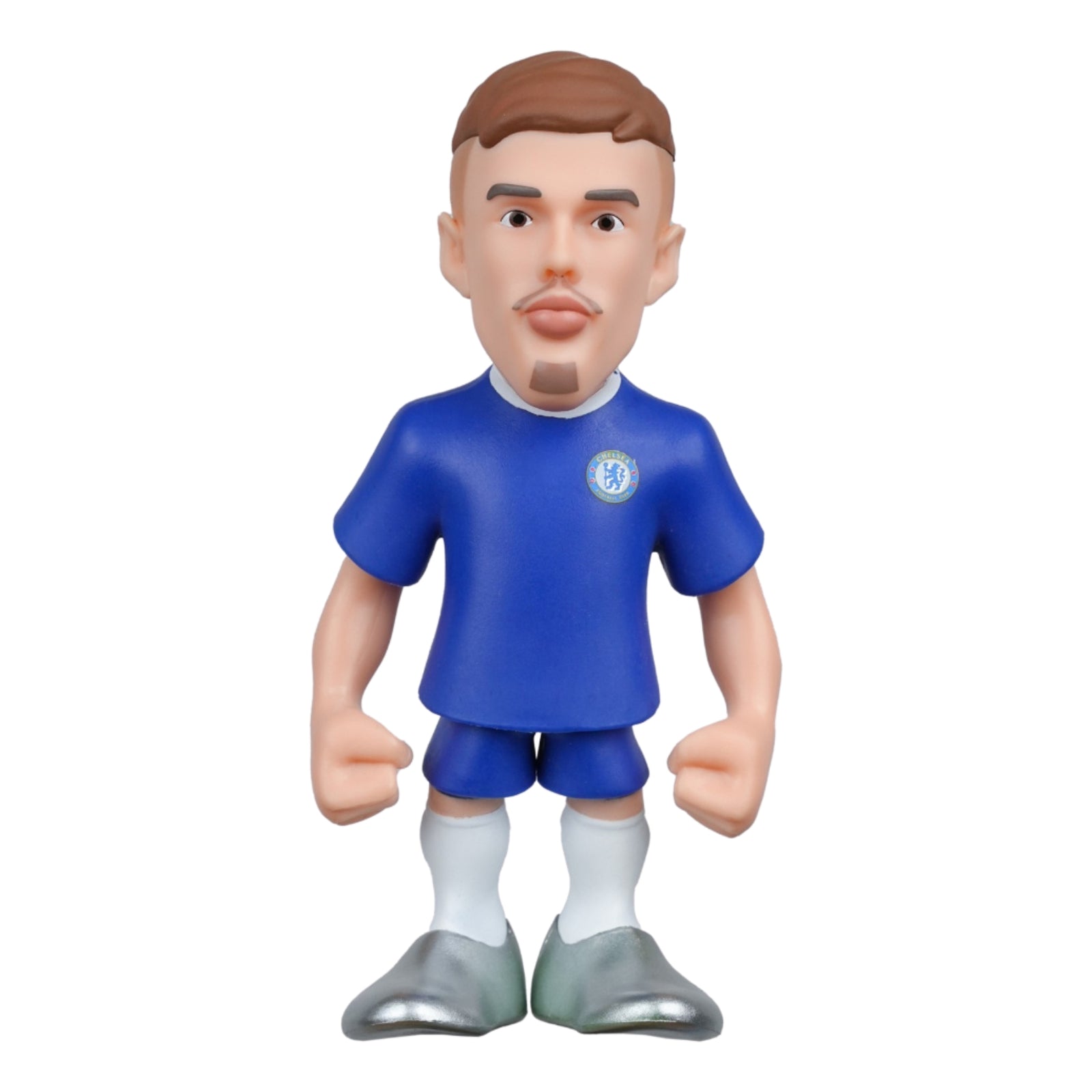 Figurine of a soccer player in a blue jersey with a white logo on a white background
